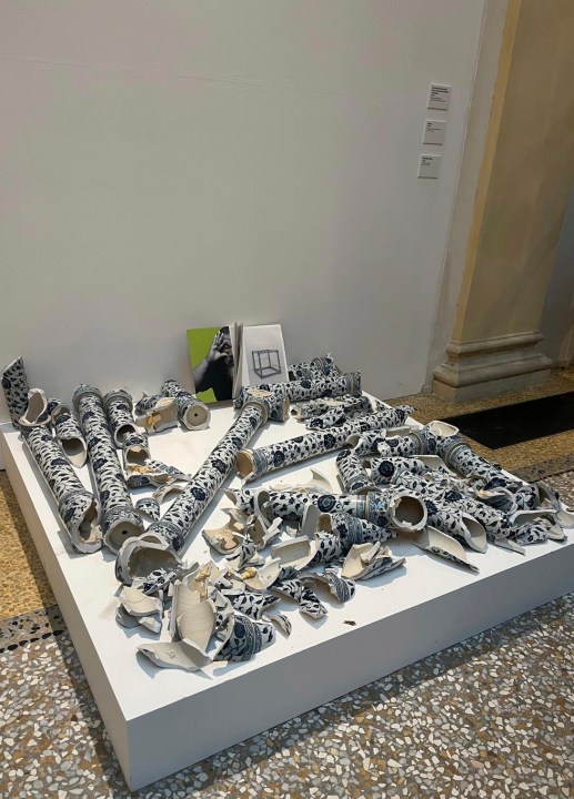 This photo released by OperaLaboratori Tuesday, Sept. 24, 2024 shows the artwork Porcelain Cube by artist Ai Wei Wei destroyed by a Czech man on the day of the opening of the exhibition 'Ai Weiwei, Who am I?", at Palazzo Fava in Bologna, Italy, Friday, Sept. 20, 2024. (OperaLaboratori via AP)