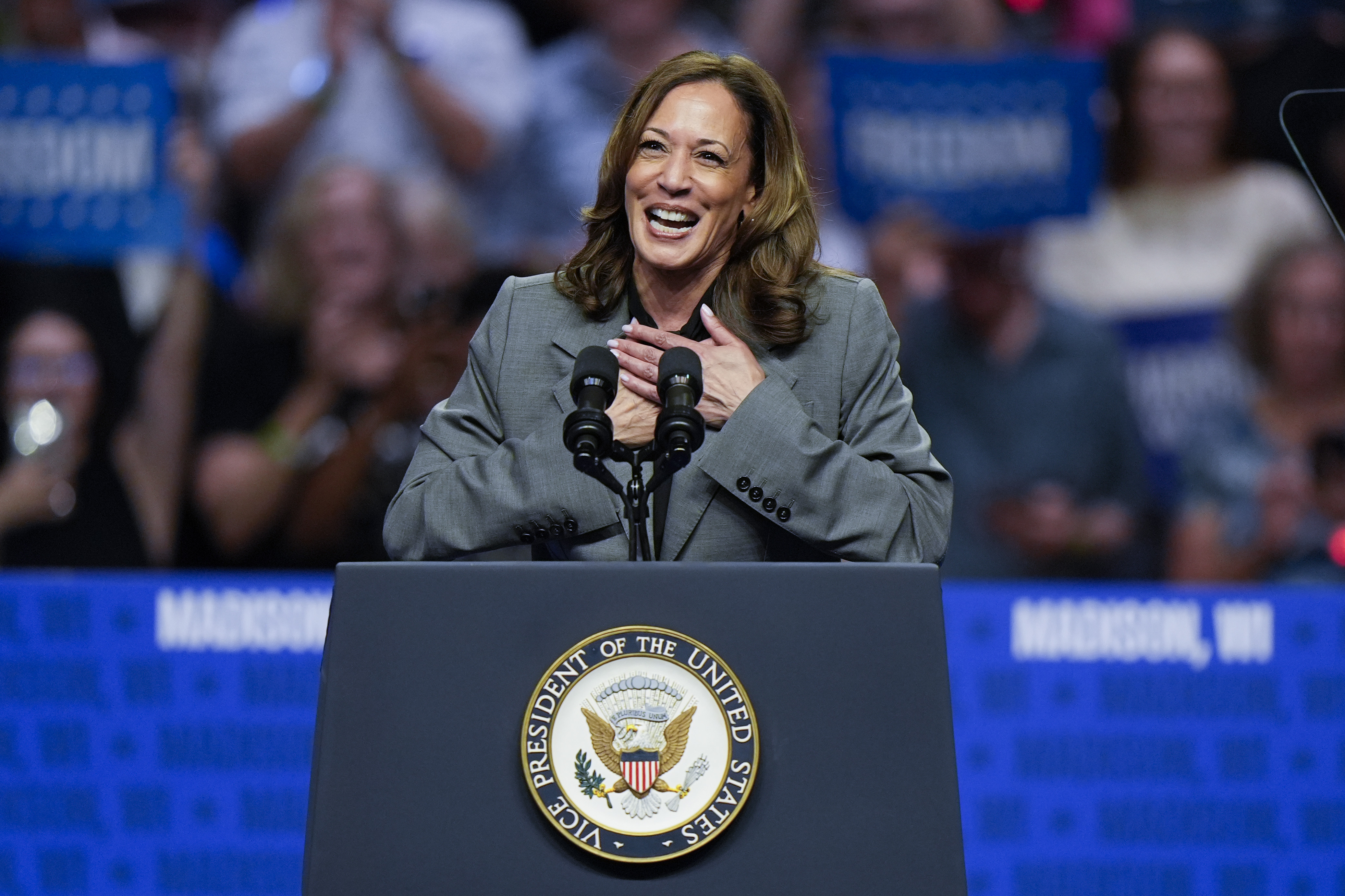 FILE - Democratic presidential nominee Vice President Kamala Harris speaks at a campaign event Sept. 20, 2024, in Madison, Wis. (AP Photo/Morry Gash)