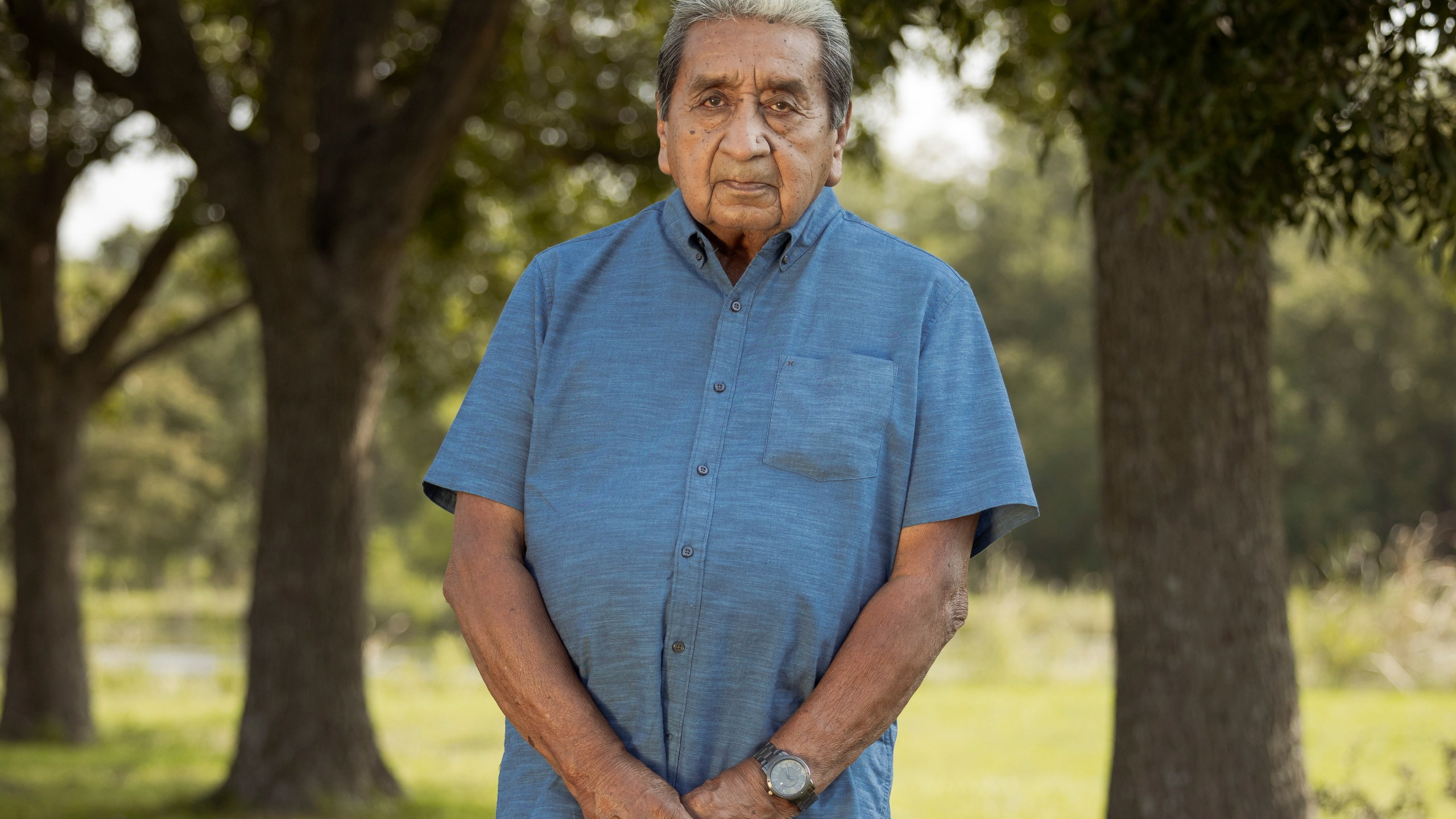 George Thompson, who is the Mekko, a ceremonial leader, of Hickory Ground in the Muscogee Nation poses for a photo, Aug. 21, 2024, in Okmulgee, Okla. (AP Photo/Brittany Bendabout)