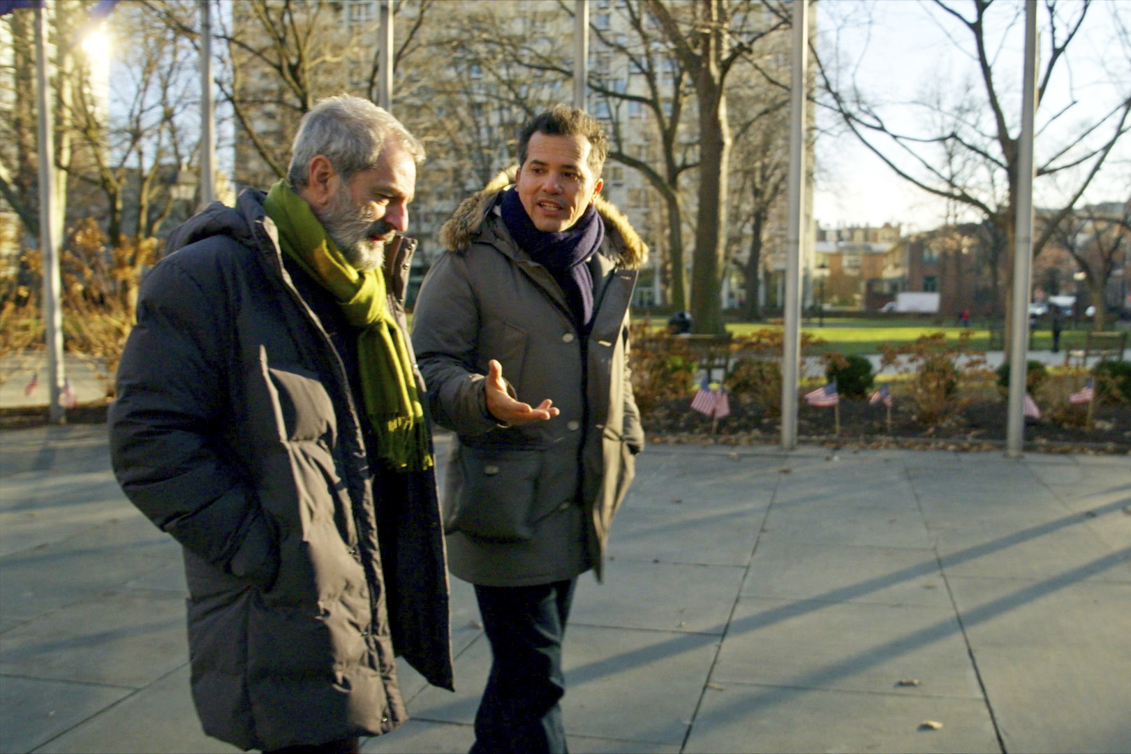 This image released by PBS shows actor/host John Leguizamo, right, with Barnard College professor José Moya in New York during the filming of the series "VOCES American Historia: The Untold History of Latinos." (NGL Studios/PBS via AP)