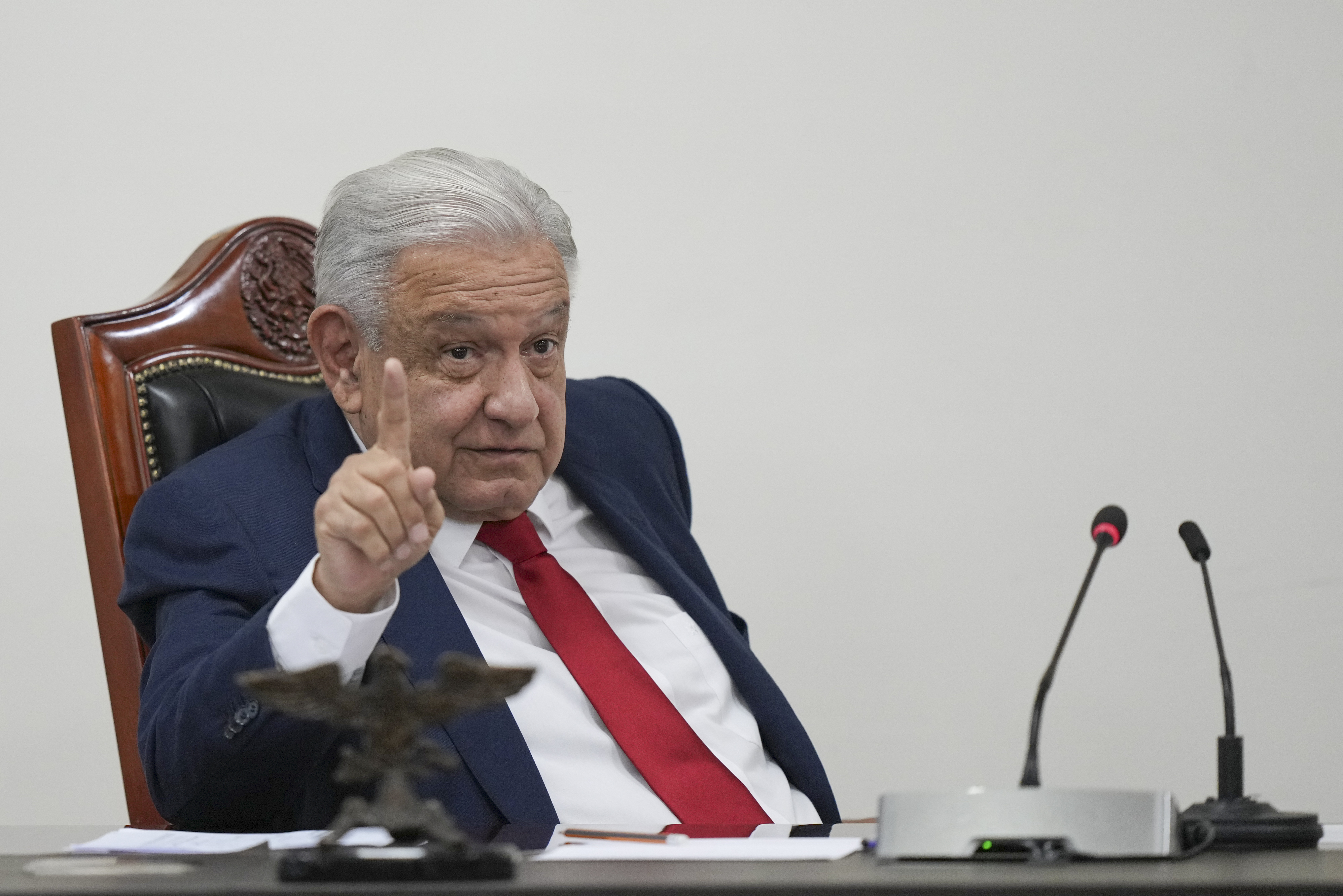 FILE - Mexican President Andres Manuel Lopez Obrador meets with his security cabinet at the National Place in Mexico City, Aug. 2, 2024. (AP Photo/Fernando Llano, File)