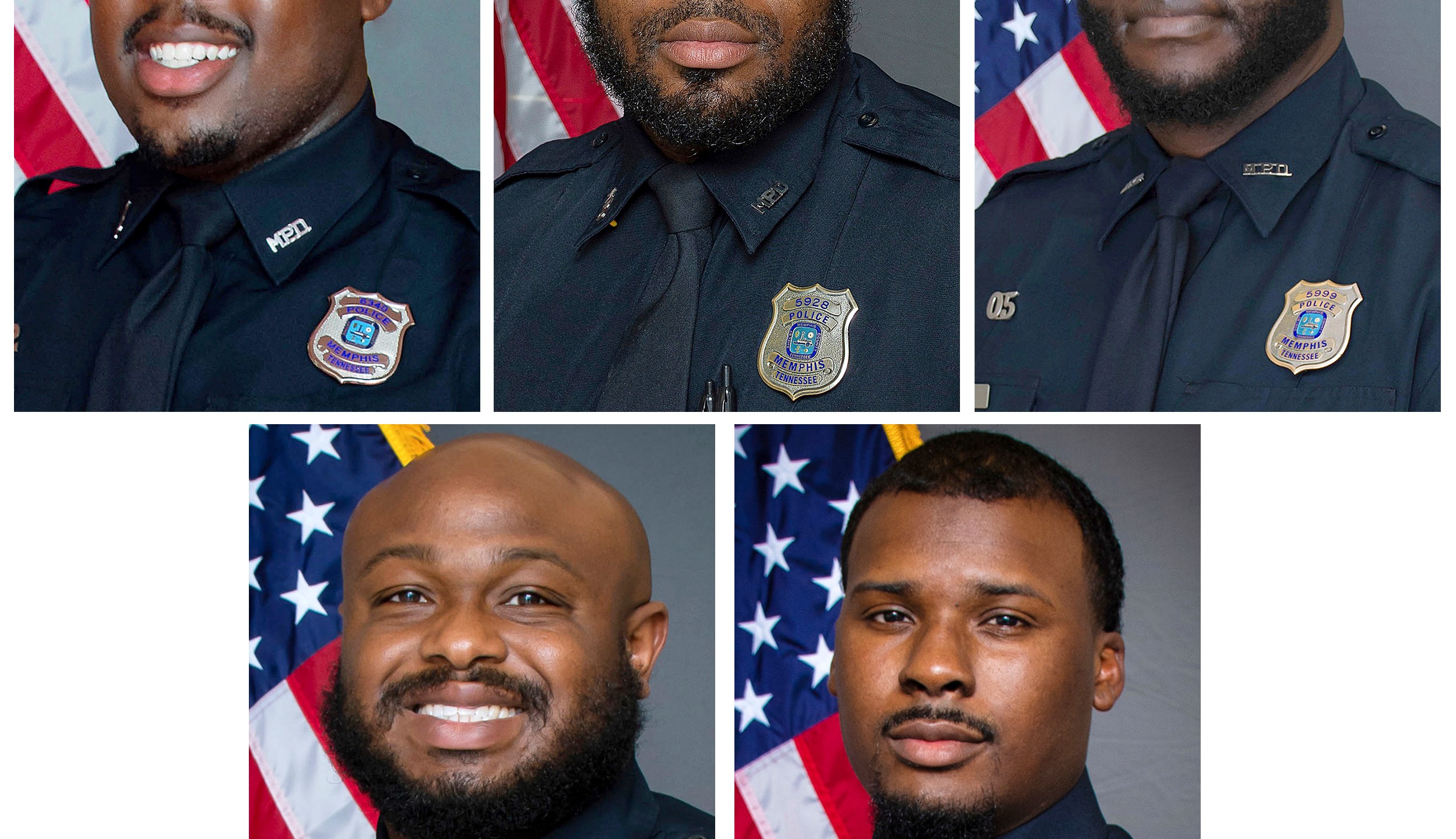 FILE - This combo of images provided by the Memphis, Tenn., Police Department shows, top row from left, officers Tadarrius Bean, Demetrius Haley, Emmitt Martin III, and bottom row from left, Desmond Mills Jr. and Justin Smith. (Memphis Police Department via AP, File)