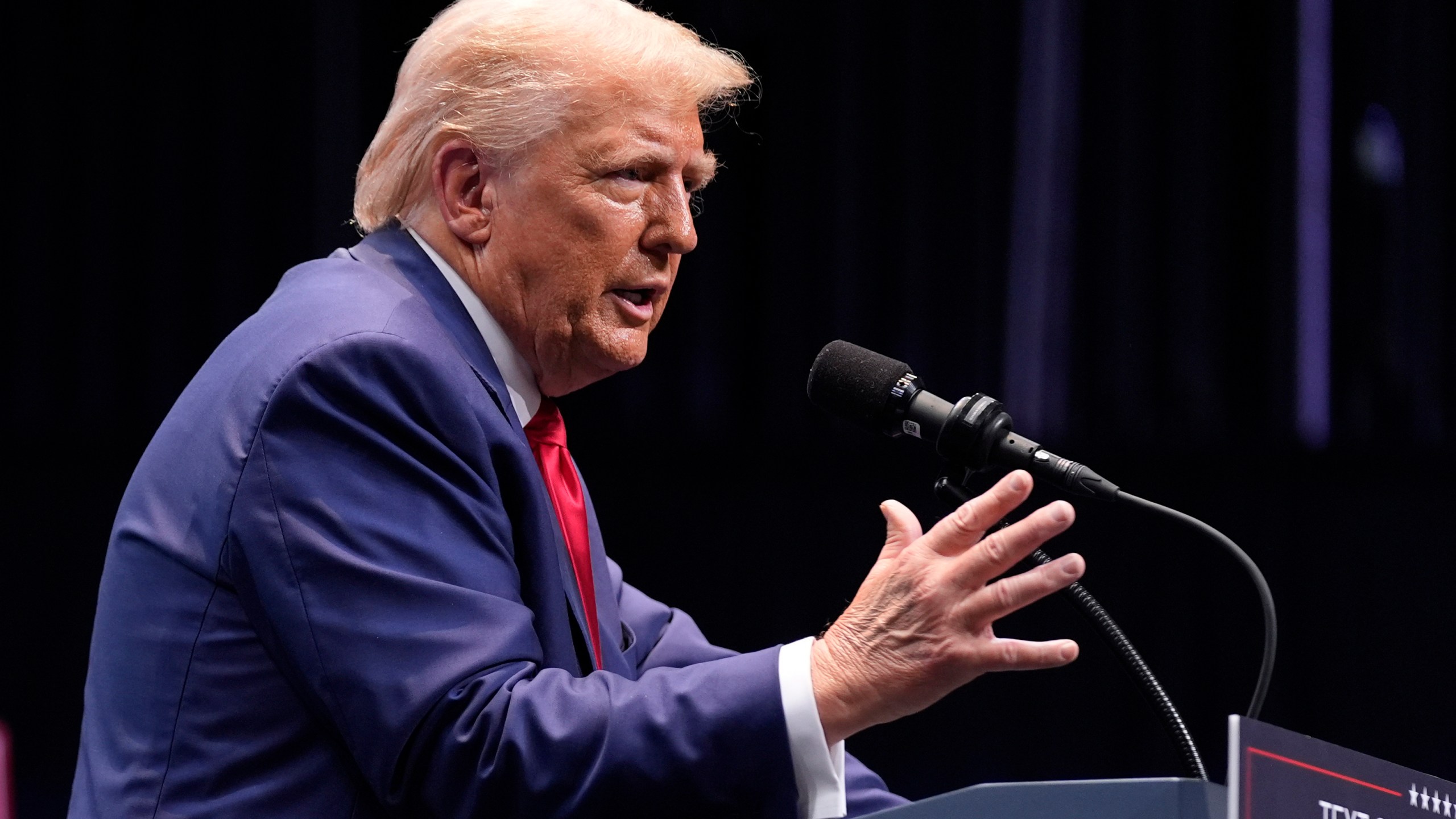 Republican presidential nominee former President Donald Trump speaks about the tax code and manufacturing at the Johnny Mercer Theatre Civic Center, Tuesday, Sept. 24, 2024, in Savannah, Ga. (AP Photo/Evan Vucci)