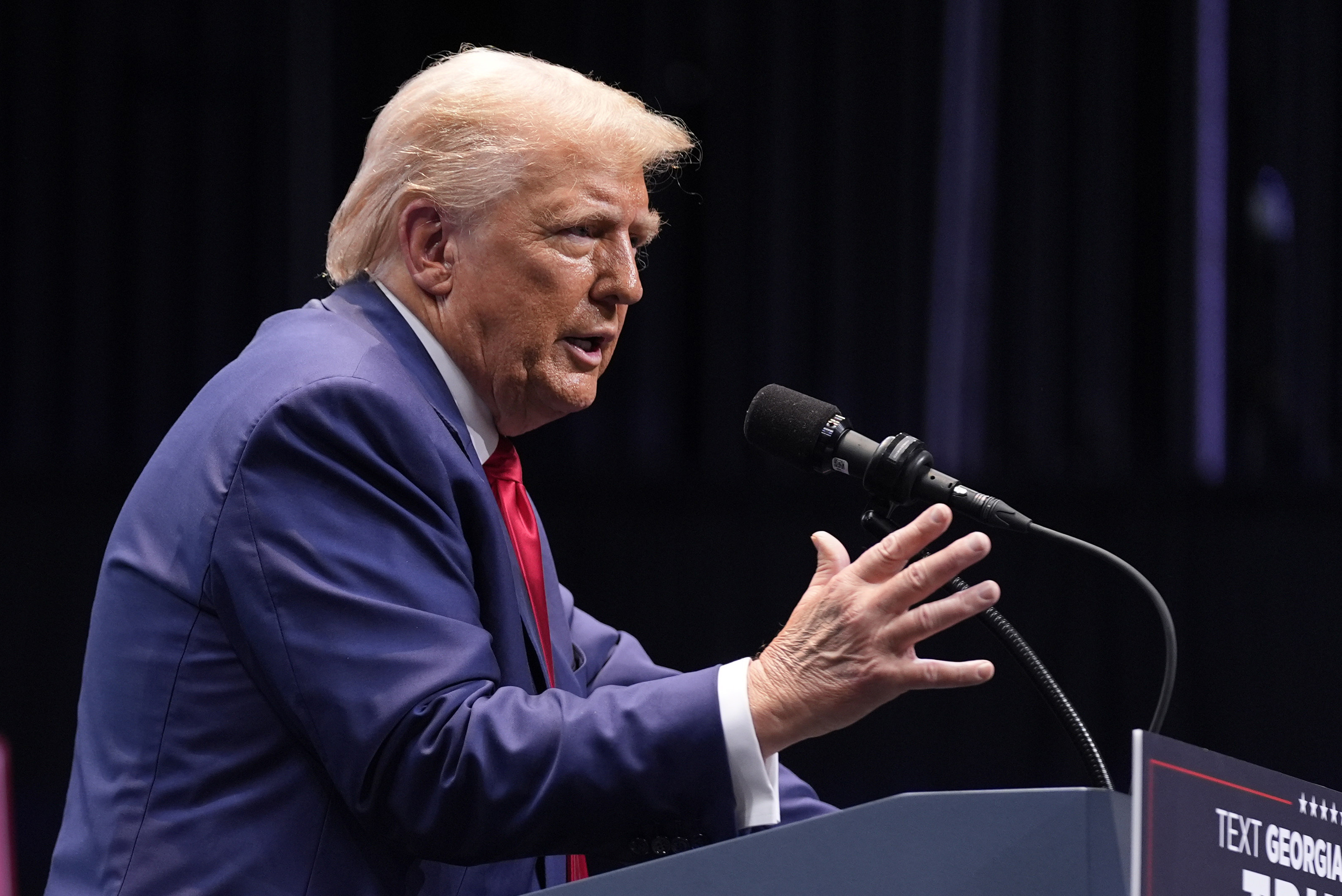 Republican presidential nominee former President Donald Trump speaks about the tax code and manufacturing at the Johnny Mercer Theatre Civic Center, Tuesday, Sept. 24, 2024, in Savannah, Ga. (AP Photo/Evan Vucci)