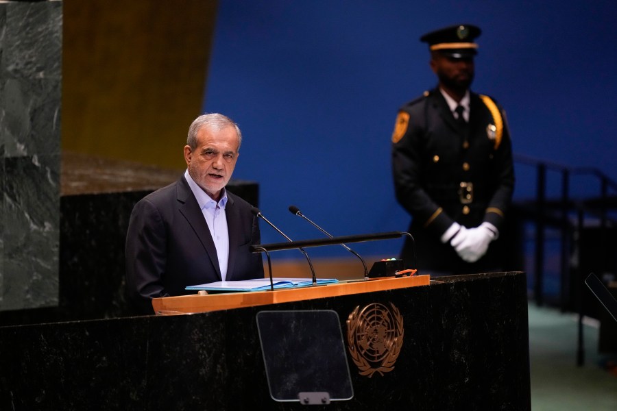 President of Iran Masoud Pezeshkian addresses the 79th session of the United Nations General Assembly at United Nations headquarters, Tuesday, Sept. 24, 2024. (AP Photo/Seth Wenig)