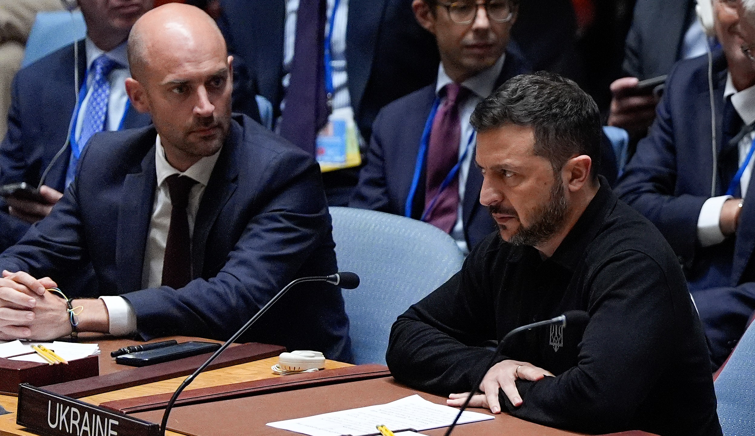 Ukraine President Volodymyr Zelenskyy, right, speaks during a Security Council meeting, Tuesday, Sept. 24, 2024, at UN headquarters. (AP Photo/Julia Demaree Nikhinson, Pool)