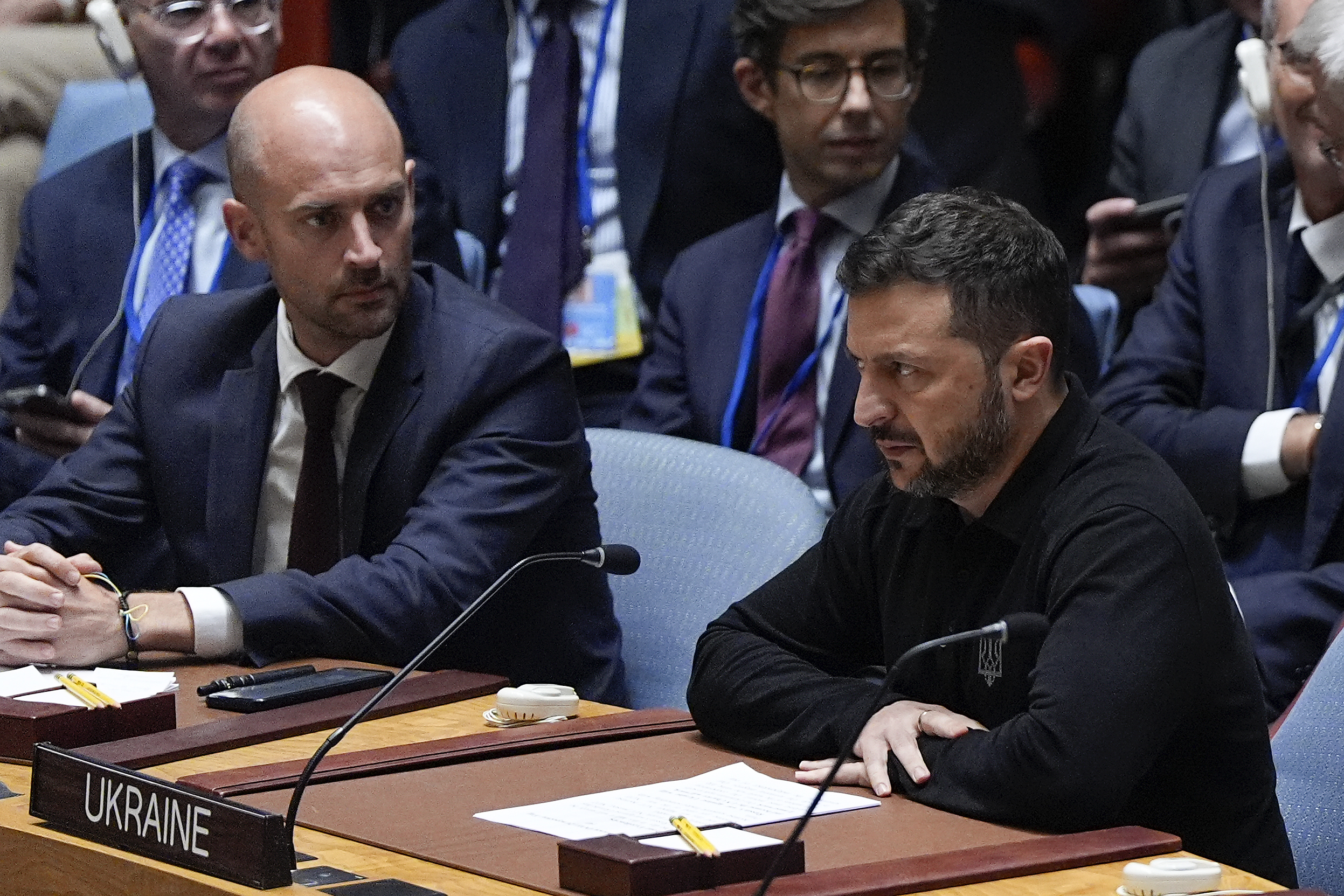 Ukraine President Volodymyr Zelenskyy, right, speaks during a Security Council meeting, Tuesday, Sept. 24, 2024, at UN headquarters. (AP Photo/Julia Demaree Nikhinson, Pool)