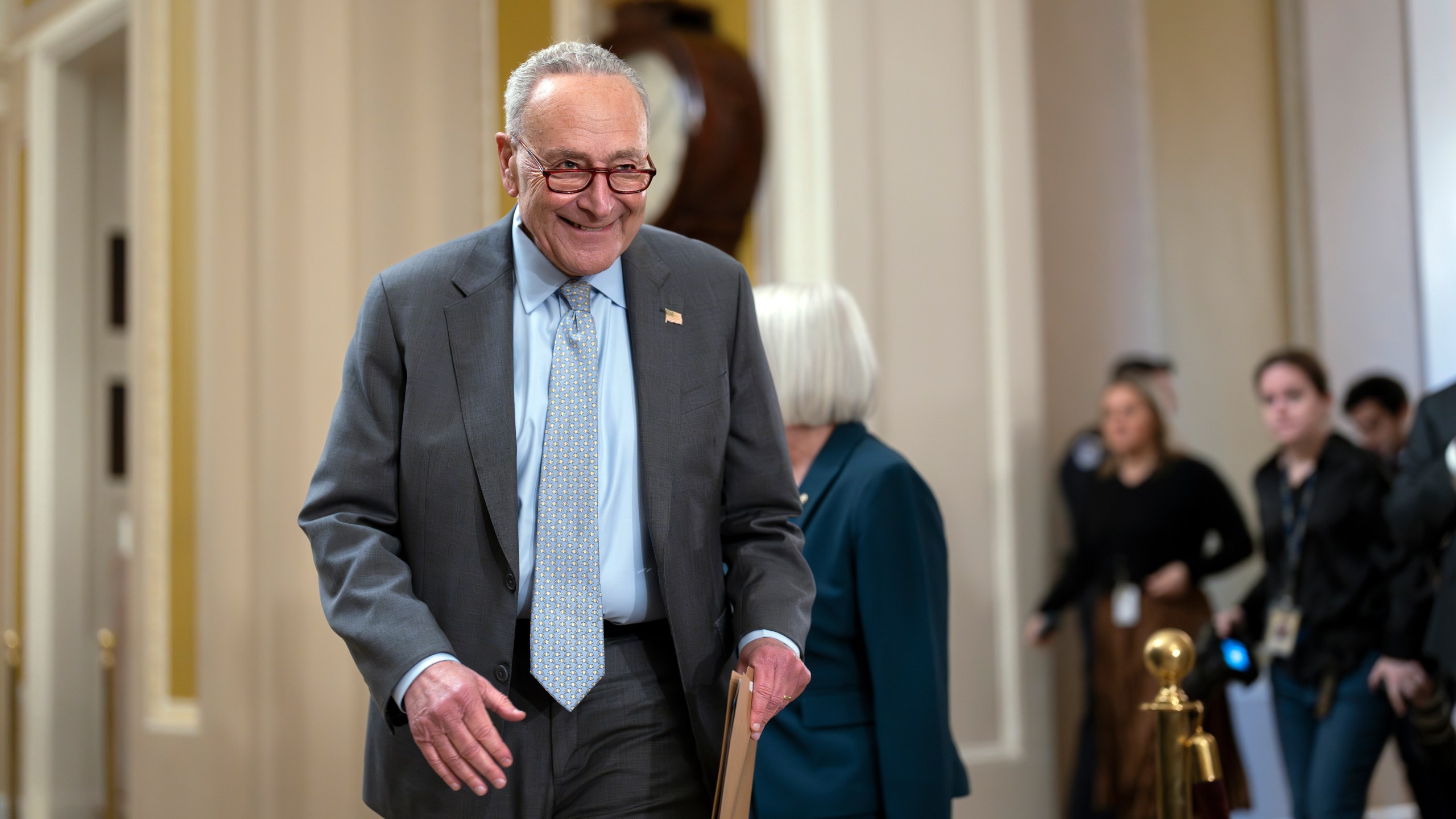 Senate Majority Leader Chuck Schumer, D-N.Y., arrives to speak to reporters after a lunch meeting, at the Capitol in Washington, Tuesday, Sept. 24, 2024. (AP Photo/J. Scott Applewhite)