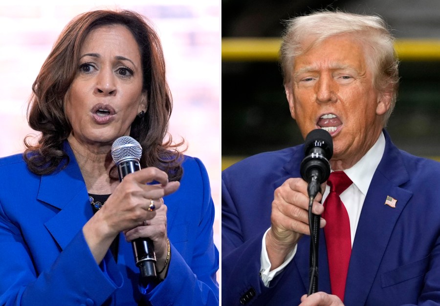 In this combination of photos taken in Pennsylvania, Democratic presidential nominee Vice President Kamala Harris speaks at a campaign event, Aug. 18, 2024, in Rochester, left, and Republican presidential nominee former President Donald Trump speaks during a campaign event, Aug. 19, 2024, in York. (AP Photo)