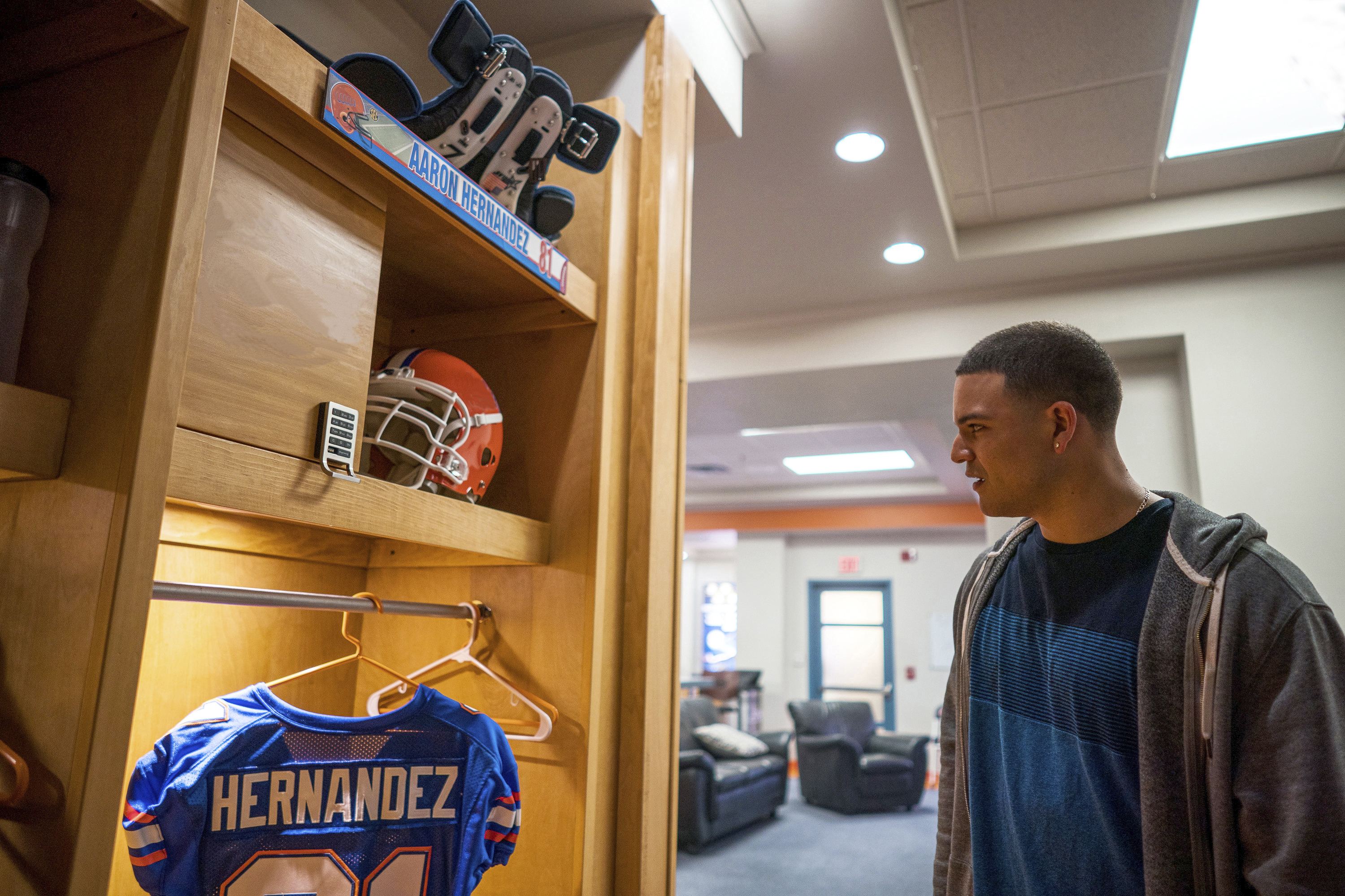 This image released by FX shows Josh Rivera as Aaron Hernandez in a scene from the FX series "American Sports Story: Aaron Hernandez." (FX via AP)