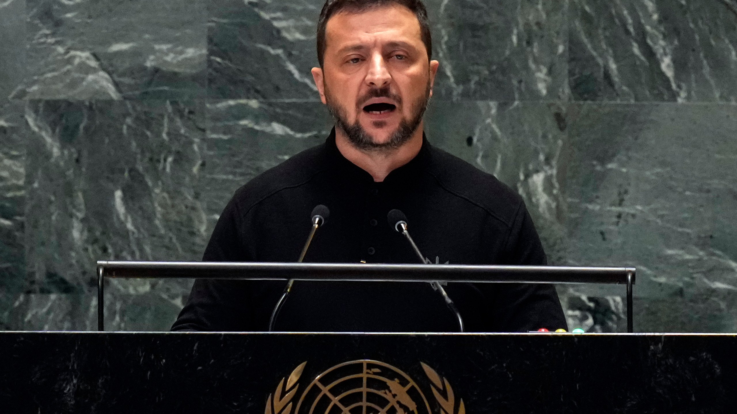 Ukraine President Volodymyr Zelenskyy addresses the 79th session of the United Nations General Assembly, Wednesday, Sept. 25, 2024. (AP Photo/Richard Drew)