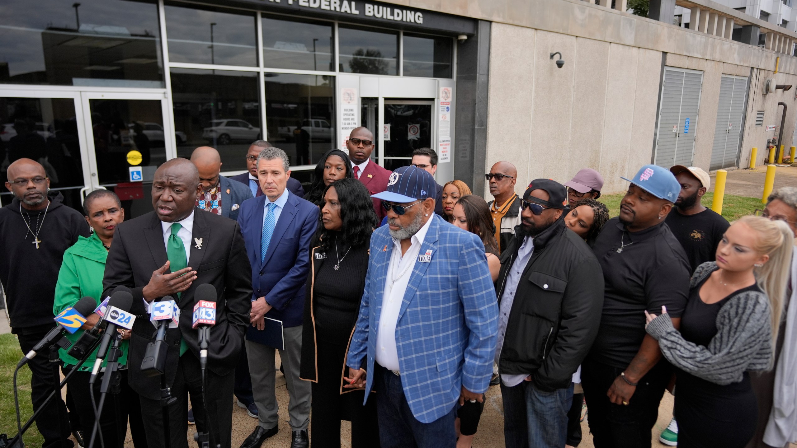 Attorney Ben Crump, third from left, speaks during a news conference the federal courthouse during the trial in the Tyre Nichols case Wednesday, Sept. 25, 2024, in Memphis, Tenn. (AP Photo/George Walker IV)