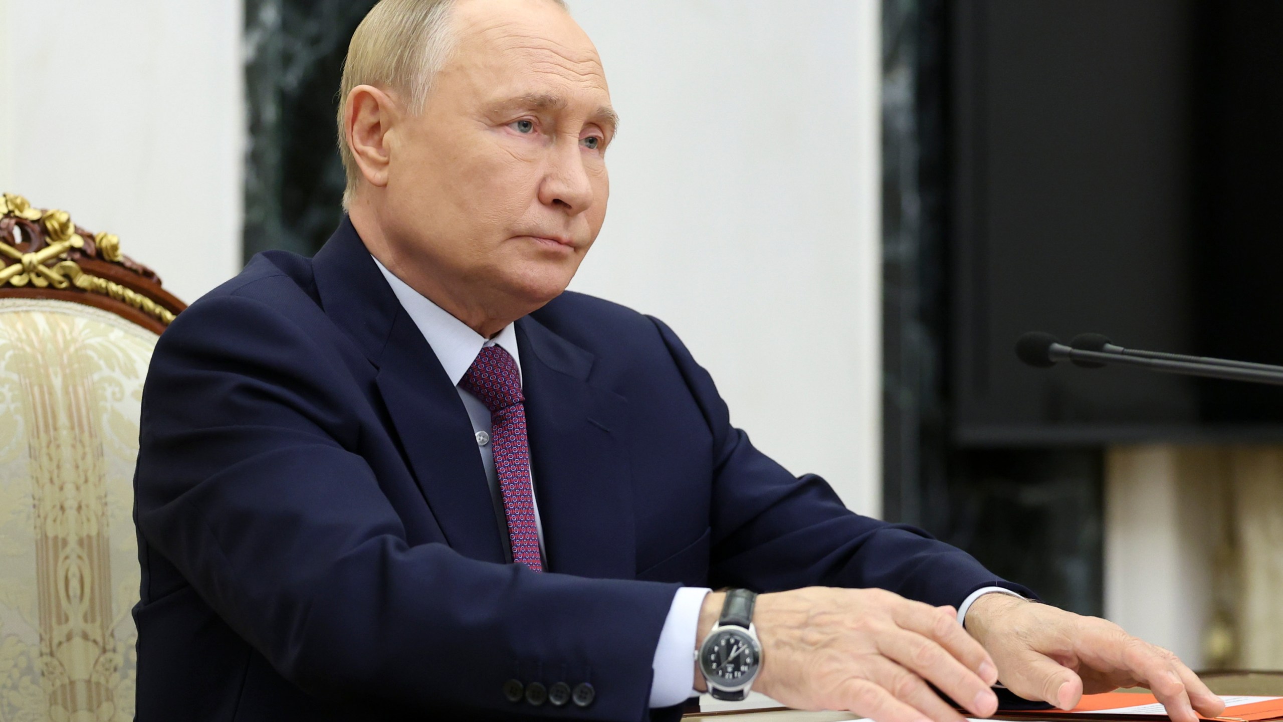 Russian President Vladimir Putin speaks at the Security Council meeting on nuclear deterrence at the Kremlin in Moscow, Russia, Wednesday, Sept. 25, 2024. (Alexander Kazakov, Sputnik, Kremlin Pool Photo via AP)