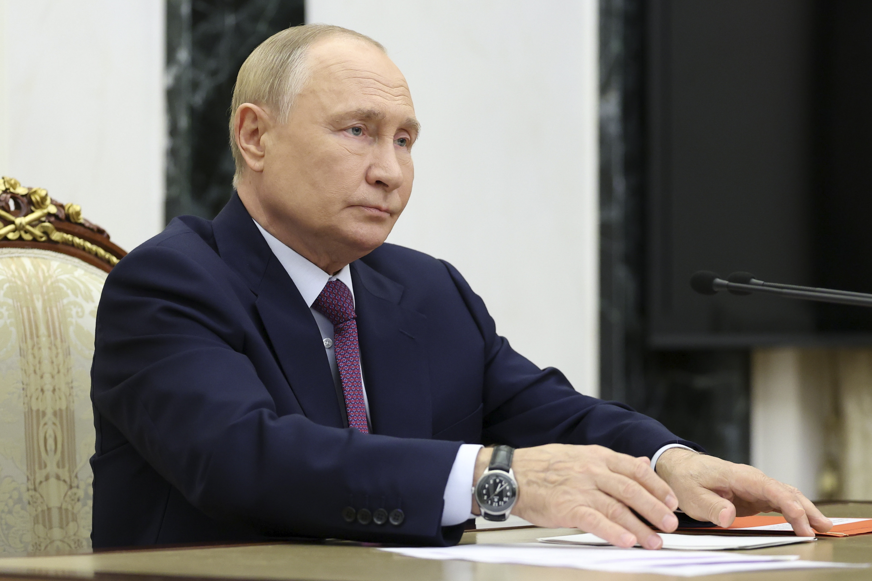 Russian President Vladimir Putin speaks at the Security Council meeting on nuclear deterrence at the Kremlin in Moscow, Russia, Wednesday, Sept. 25, 2024. (Alexander Kazakov, Sputnik, Kremlin Pool Photo via AP)