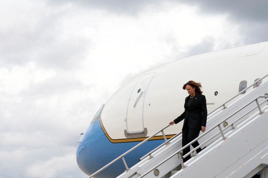 Democratic presidential nominee Vice President Kamala Harris arrives on Air Force Two Wednesday, Sept. 25, 2024, to campaign in Pittsburgh. (AP Photo/Jacquelyn Martin)