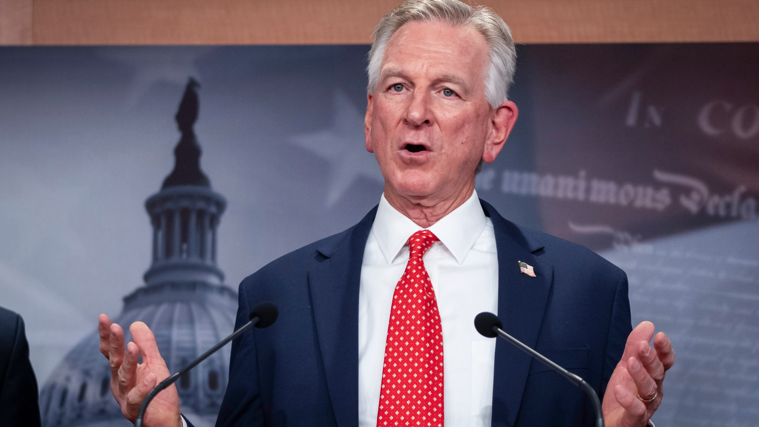 Sen. Tommy Tuberville, R-Ala., speaks to the media about the Secret Service and arrangements for the security of Republican presidential nominee former President Donald Trump, at the Capitol in Washington, Tuesday, Sept. 17, 2024. (AP Photo/Ben Curtis)