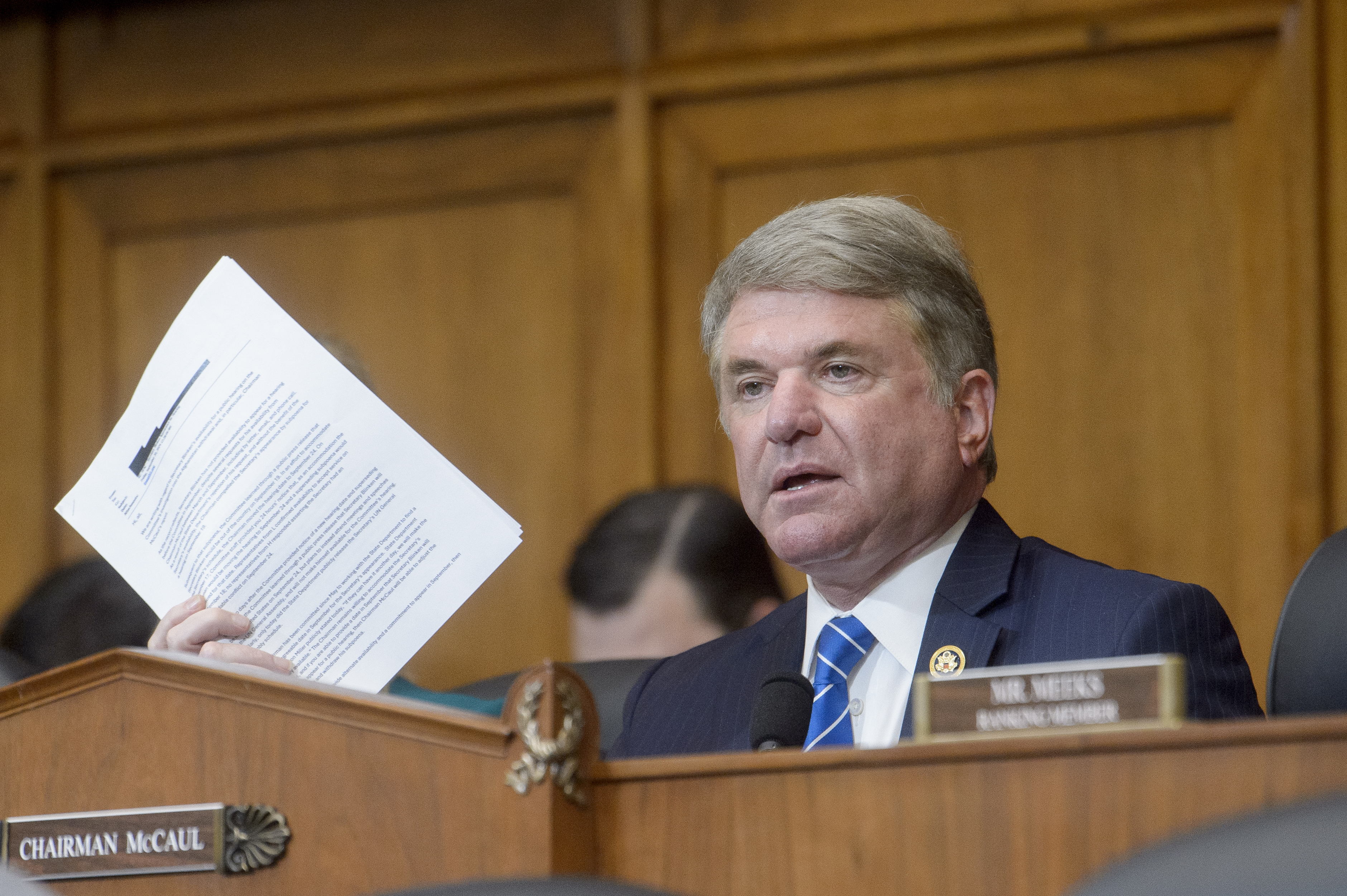 House Committee on Foreign Affairs Chairman Michael McCaul, R-Texas, presides over a House Committee on Foreign Affairs hearing "An Assessment of the State Departments Withdrawal from Afghanistan by Americas Top Diplomat," on Capitol Hill, in Washington, Tuesday, Sept. 24, 2024. (AP Photo/Rod Lamkey, Jr.)