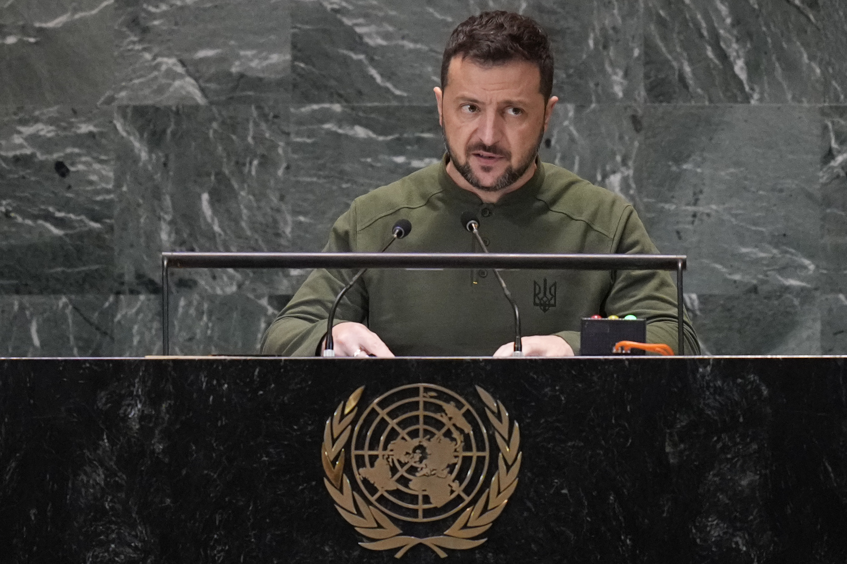 Ukraine's President Volodymyr Zelenskyy addresses the the Summit of the Future at United Nations headquarters, Monday, Sept. 23, 2024. (AP Photo/Seth Wenig)