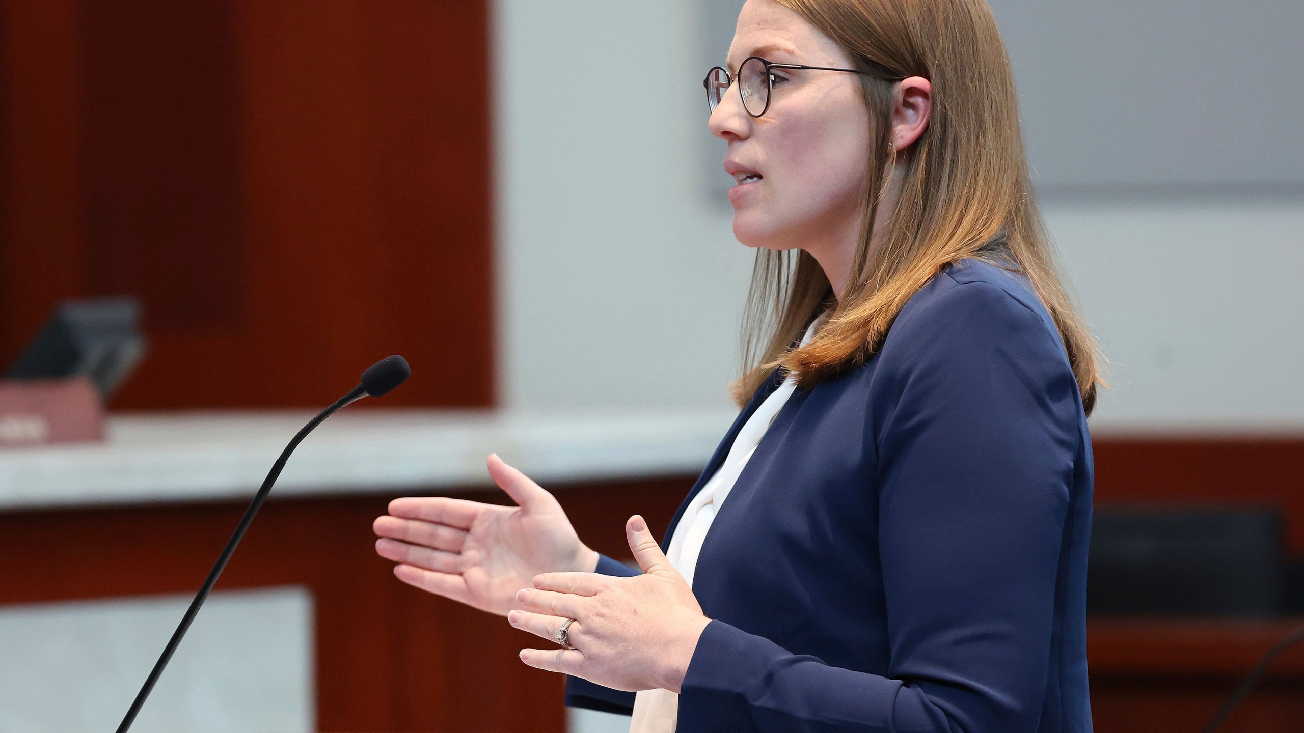 Taylor Meehan, right, an attorney for the Utah Legislature, defends a proposed constitutional amendment before the Utah Supreme Court in Salt Lake City on Wednesday, Sept. 25, 2024. (Jeffrey D. Allred/The Deseret News via AP, Pool)