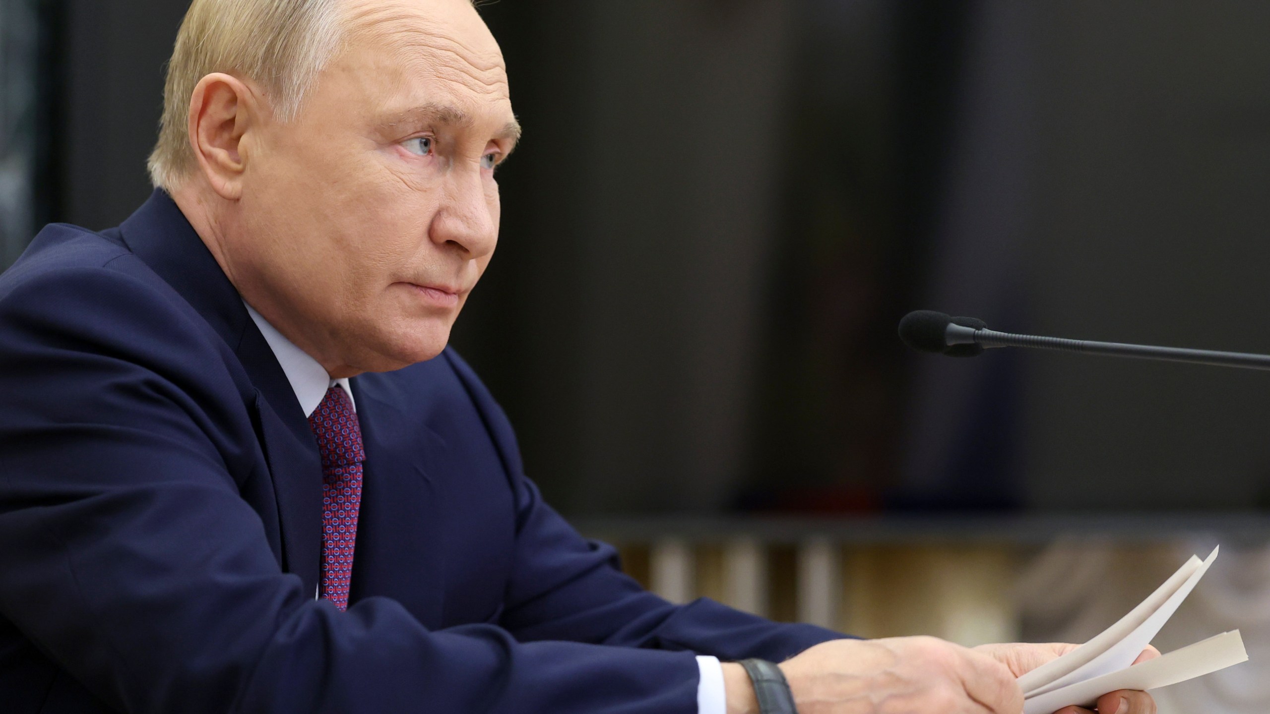 Russian President Vladimir Putin leads the Security Council meeting on nuclear deterrence at the Kremlin in Moscow, Russia, Wednesday, Sept. 25, 2024. (Alexander Kazakov, Sputnik, Kremlin Pool Photo via AP)