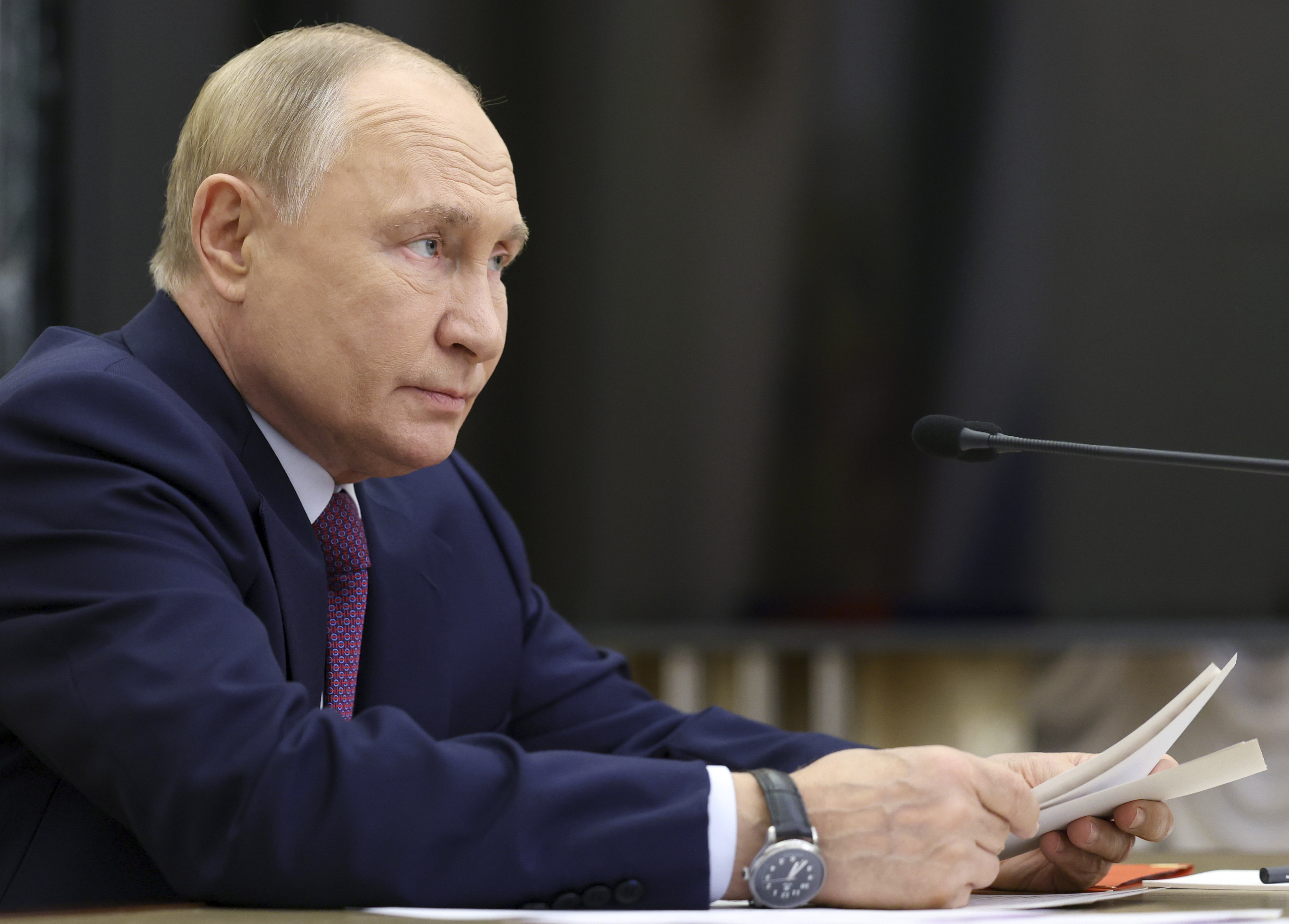 Russian President Vladimir Putin leads the Security Council meeting on nuclear deterrence at the Kremlin in Moscow, Russia, Wednesday, Sept. 25, 2024. (Alexander Kazakov, Sputnik, Kremlin Pool Photo via AP)