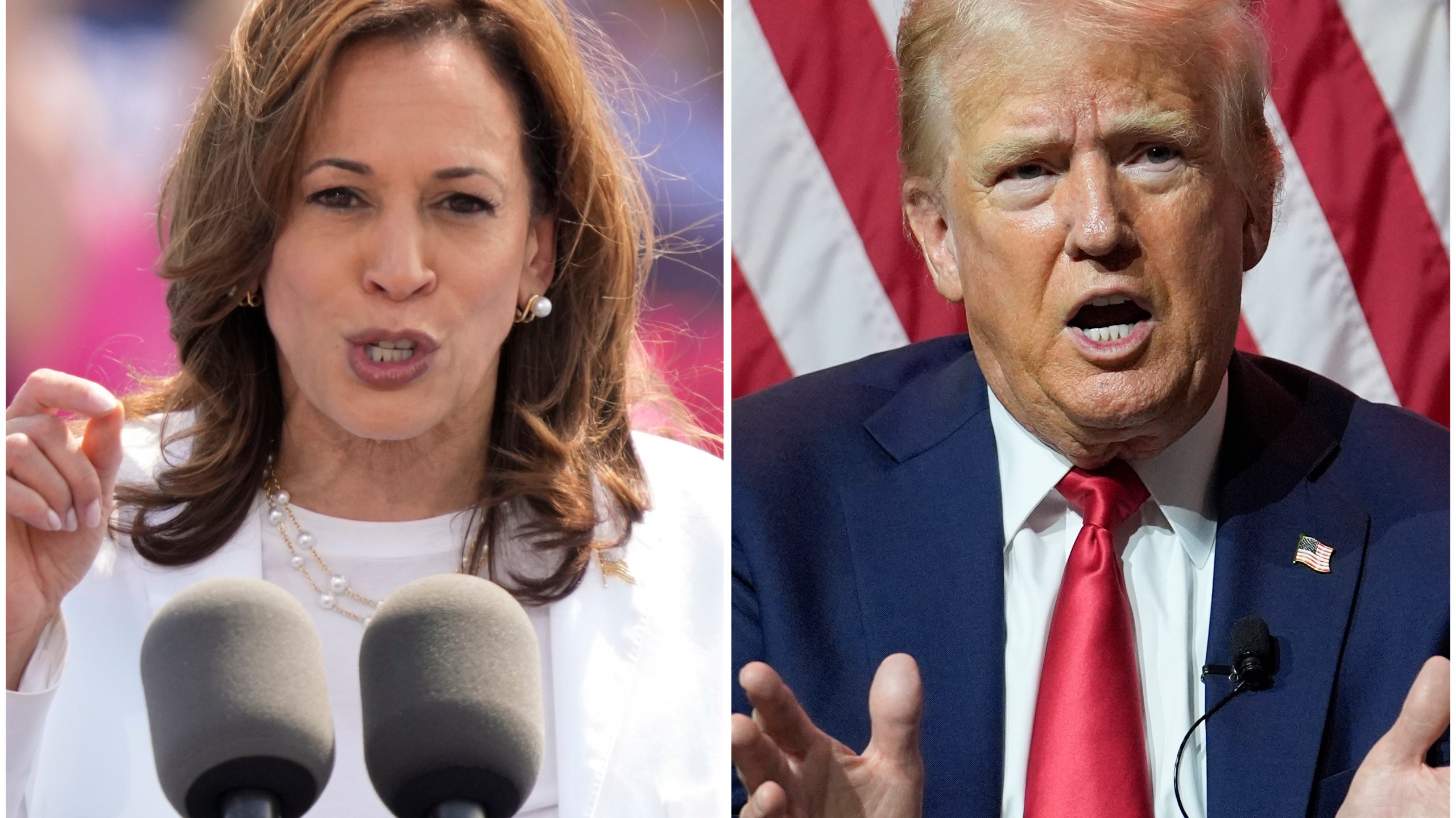 This combination of photos shows Vice President Kamala Harris, left, on Aug. 7, 2024, and Republican presidential candidate former President Donald Trump on July 31, 2024. (AP Photo/Charles Rex Arbogast)