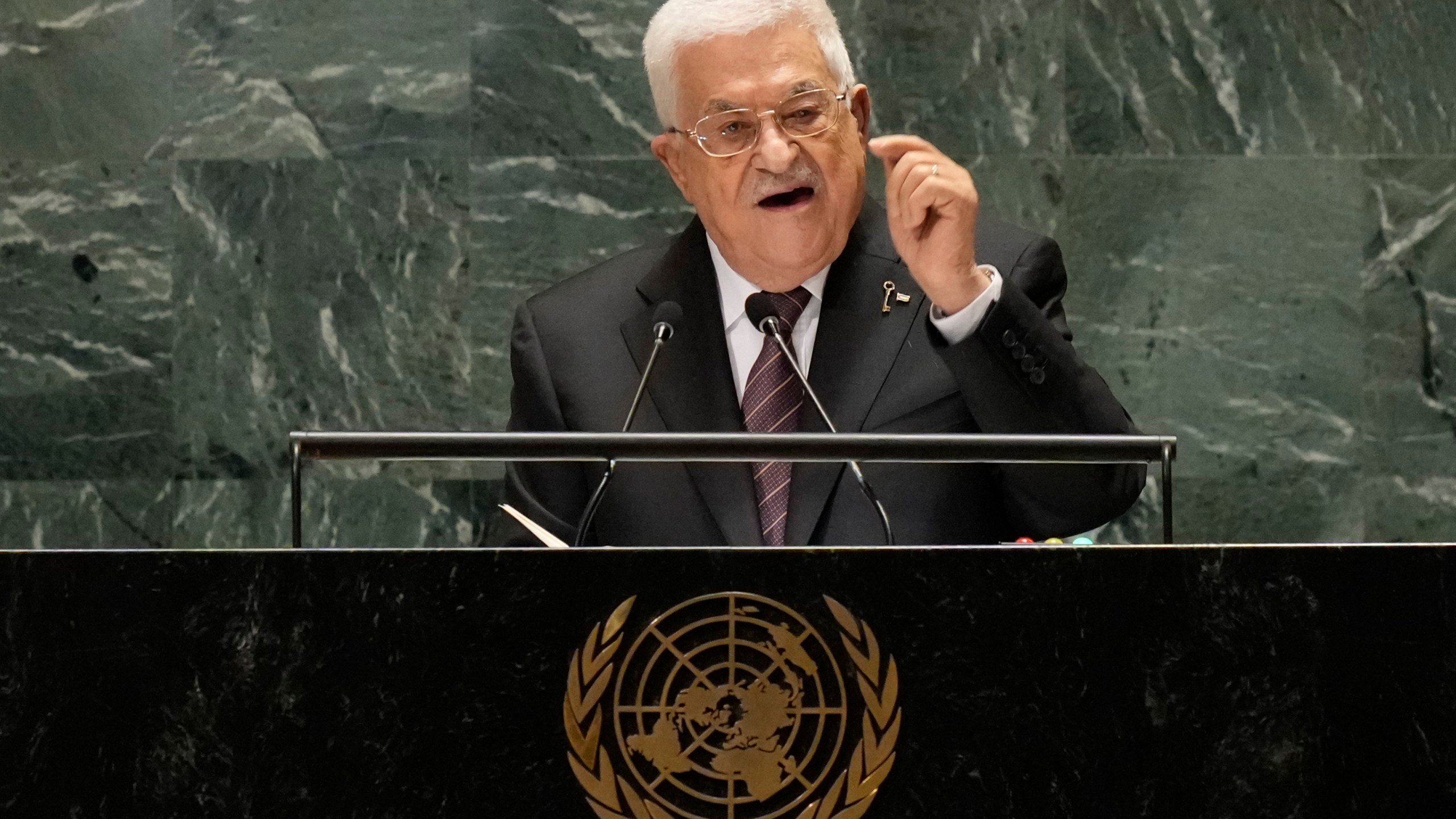 Palestinian President Mahmoud Abbas addresses the 79th session of the United Nations General Assembly, Thursday, Sept. 26, 2024, at U.N. headquarters. (AP Photo/Frank Franklin II)