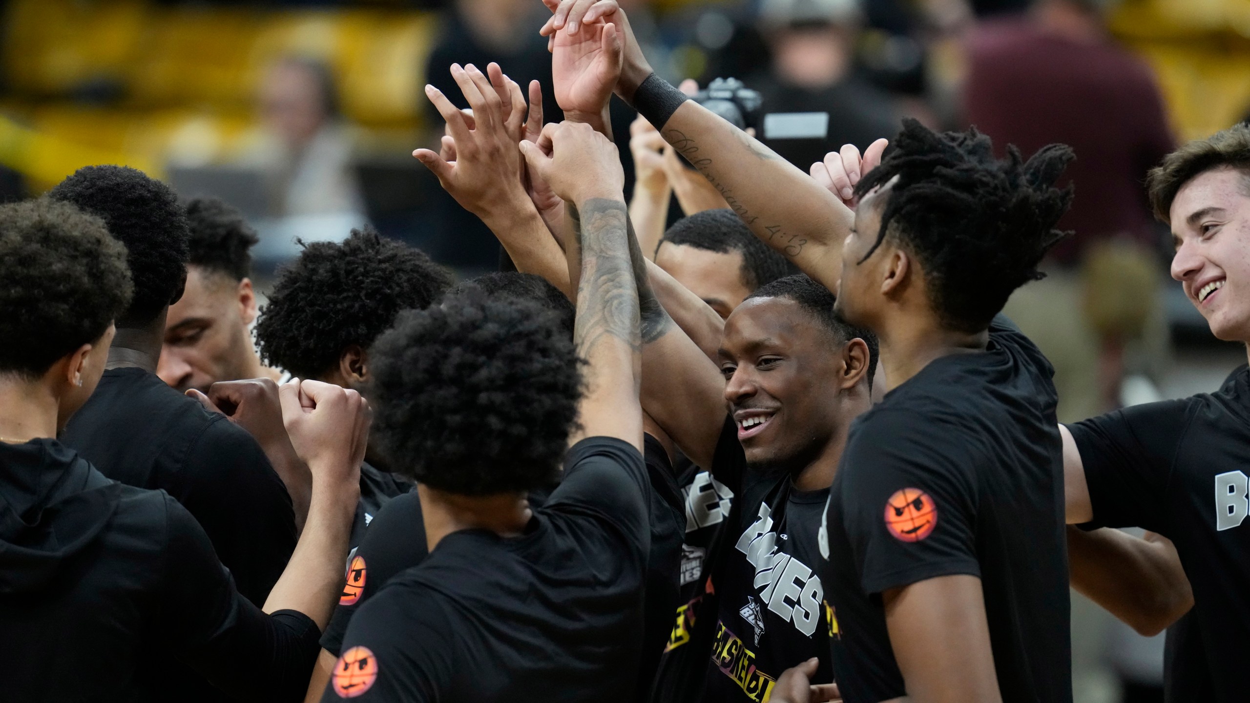 FILE - St. Bonaventure players huddle in the first half of a National Invitational Tournament basketball game on Tuesday, March 15, 2022, in Boulder, Colo. (AP Photo/David Zalubowski, File)