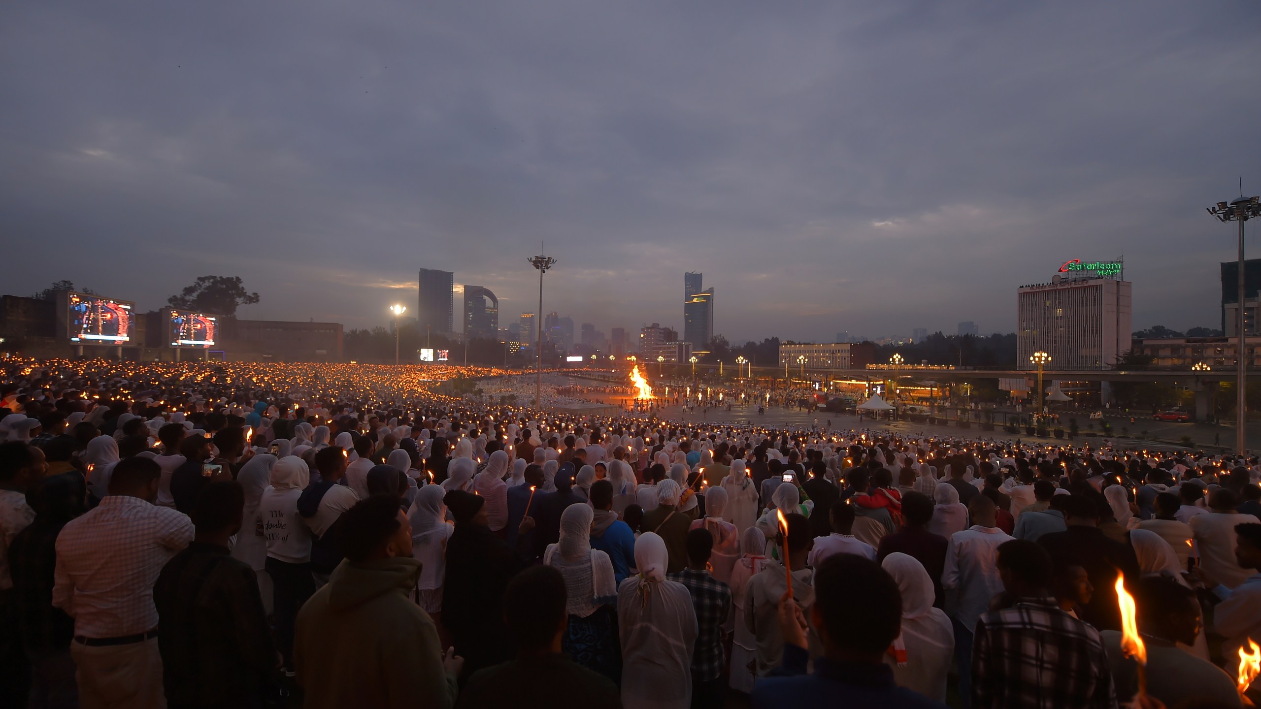 Ethiopian Orthodox Christians celebrate the Meskel festival in the capital, Addis Ababa, Ethiopia Thursday, Sept. 26, 2024. (AP Photo)