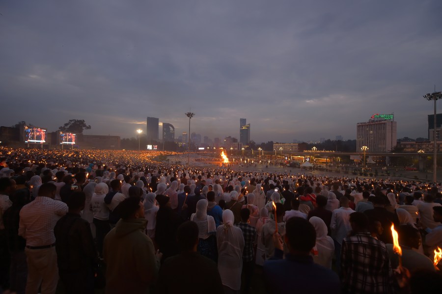 Ethiopian Orthodox Christians celebrate the Meskel festival in the capital, Addis Ababa, Ethiopia Thursday, Sept. 26, 2024. (AP Photo)