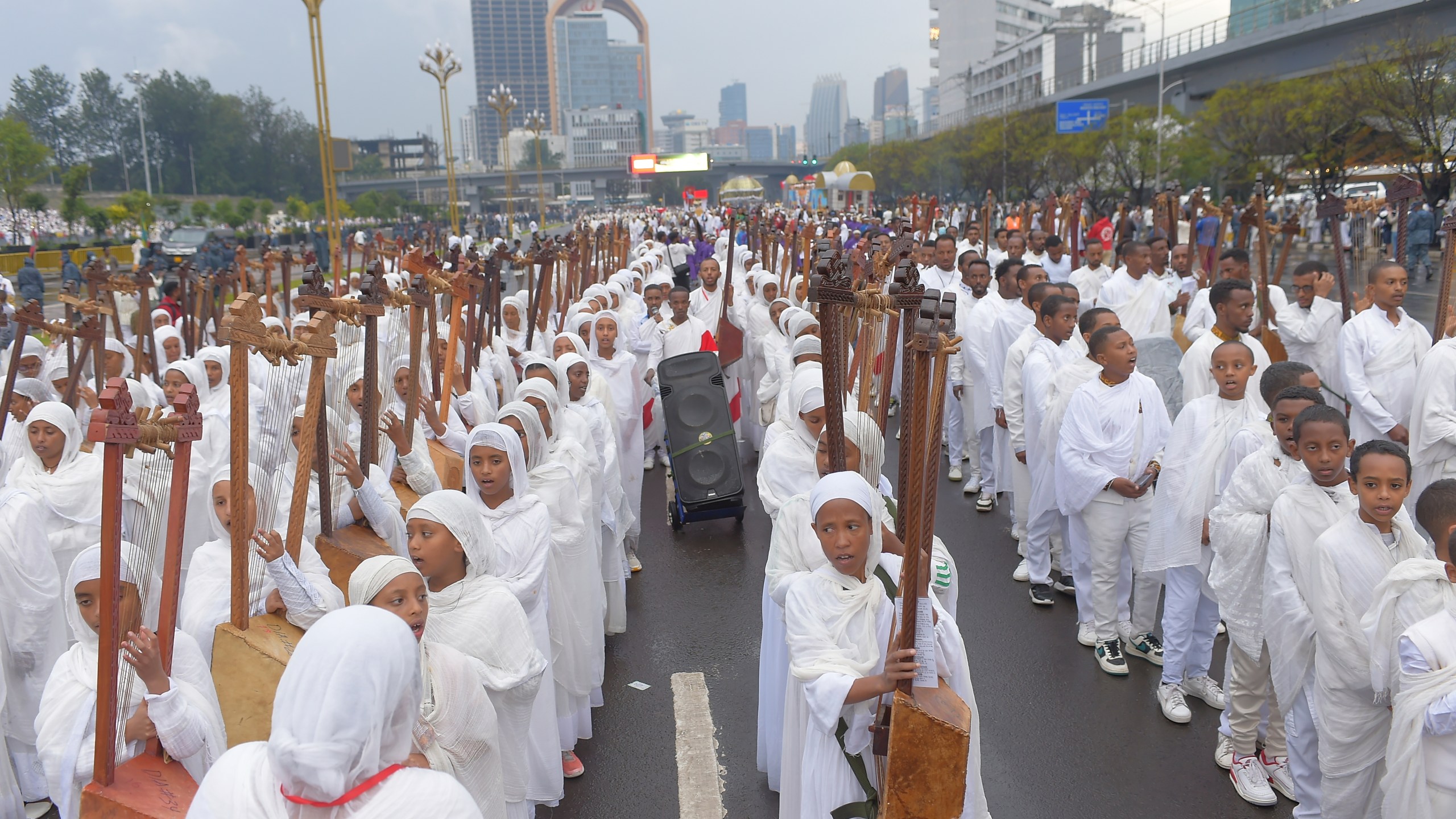 Religious leaders and Ethiopians celebrate Meskel, meaning the Cross in Amharic, is an annual religious holiday among Orthodox in Addis Ababa, Ethiopia Thursday, Sept. 26, 2024. (AP Photo)