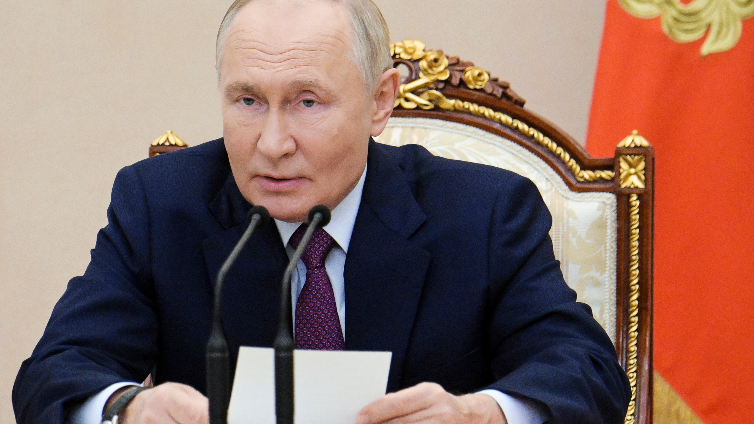 Russian President Vladimir Putin speaks at the Security Council meeting on nuclear deterrence at the Kremlin in Moscow, Russia, Wednesday, Sept. 25, 2024. (Aleksei Nikolsky, Sputnik, Kremlin Pool Photo via AP)