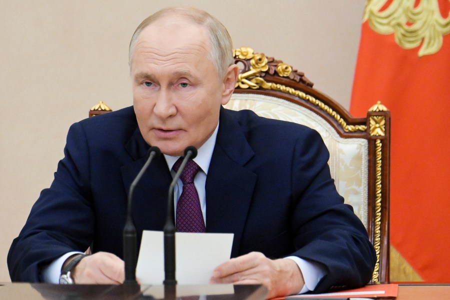 Russian President Vladimir Putin speaks at the Security Council meeting on nuclear deterrence at the Kremlin in Moscow, Russia, Wednesday, Sept. 25, 2024. (Aleksei Nikolsky, Sputnik, Kremlin Pool Photo via AP)