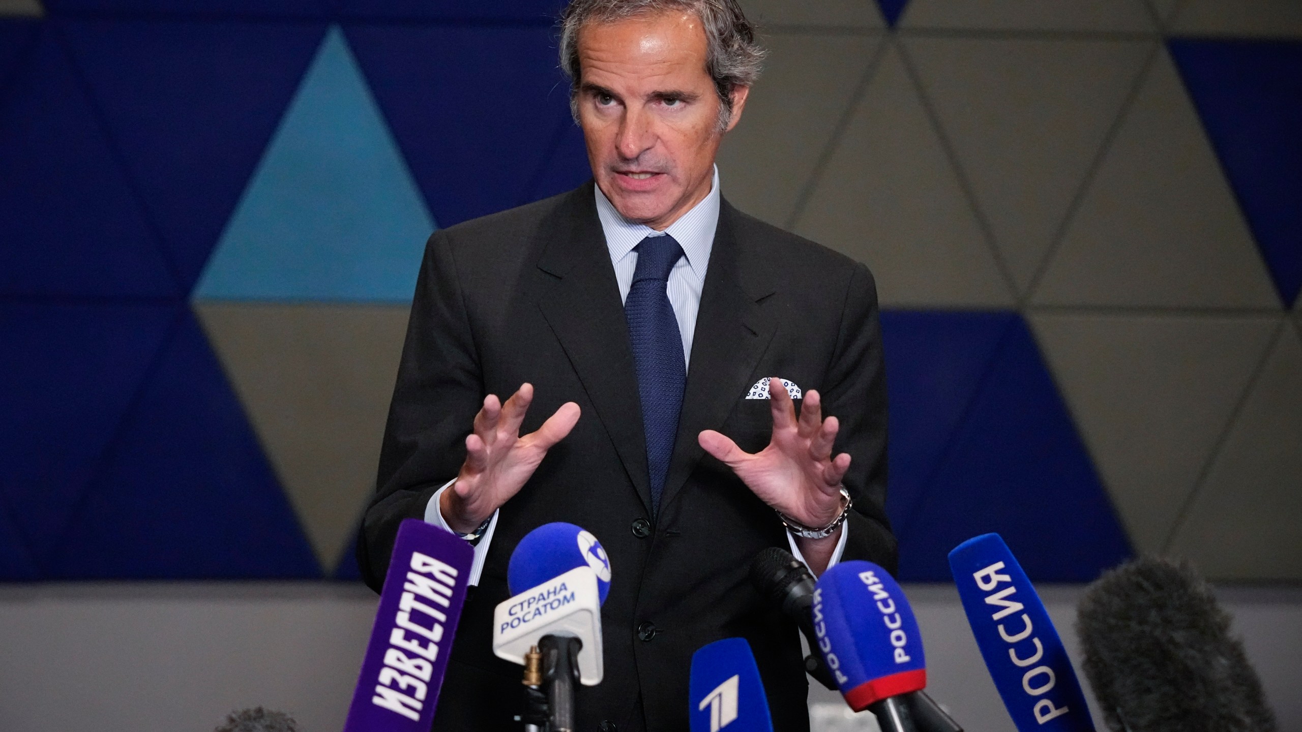 International Atomic Energy Agency (IAEA) Director General Rafael Mariano Grossi speaks to the media after his talks with Rosatom State Atomic Energy Corporation Director General Alexey Likhachev in Kaliningrad, Russia, on Friday, Sept. 6, 2024. (AP Photo/Alexander Zemlianichenko)