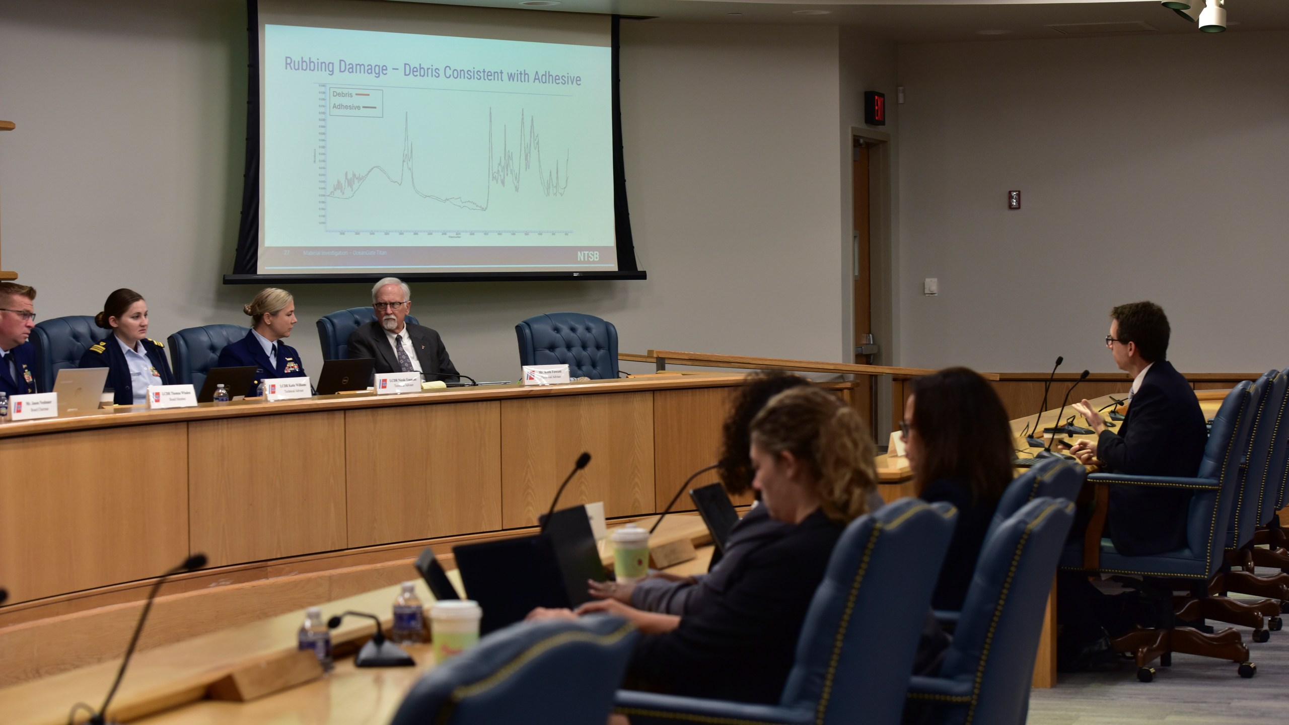 Don Kramer, National Transportation Safety Board engineer, right, testifies Wednesday, Sept. 25, 2024, at the U.S. Coast Guard Marine Board of Investigation hearing into the June 2023 loss of the Titan submersible, in North Charleston, S.C. (Petty Officer 2nd Class Kate Kilroy/U.S. Coast Guard via AP, Pool)