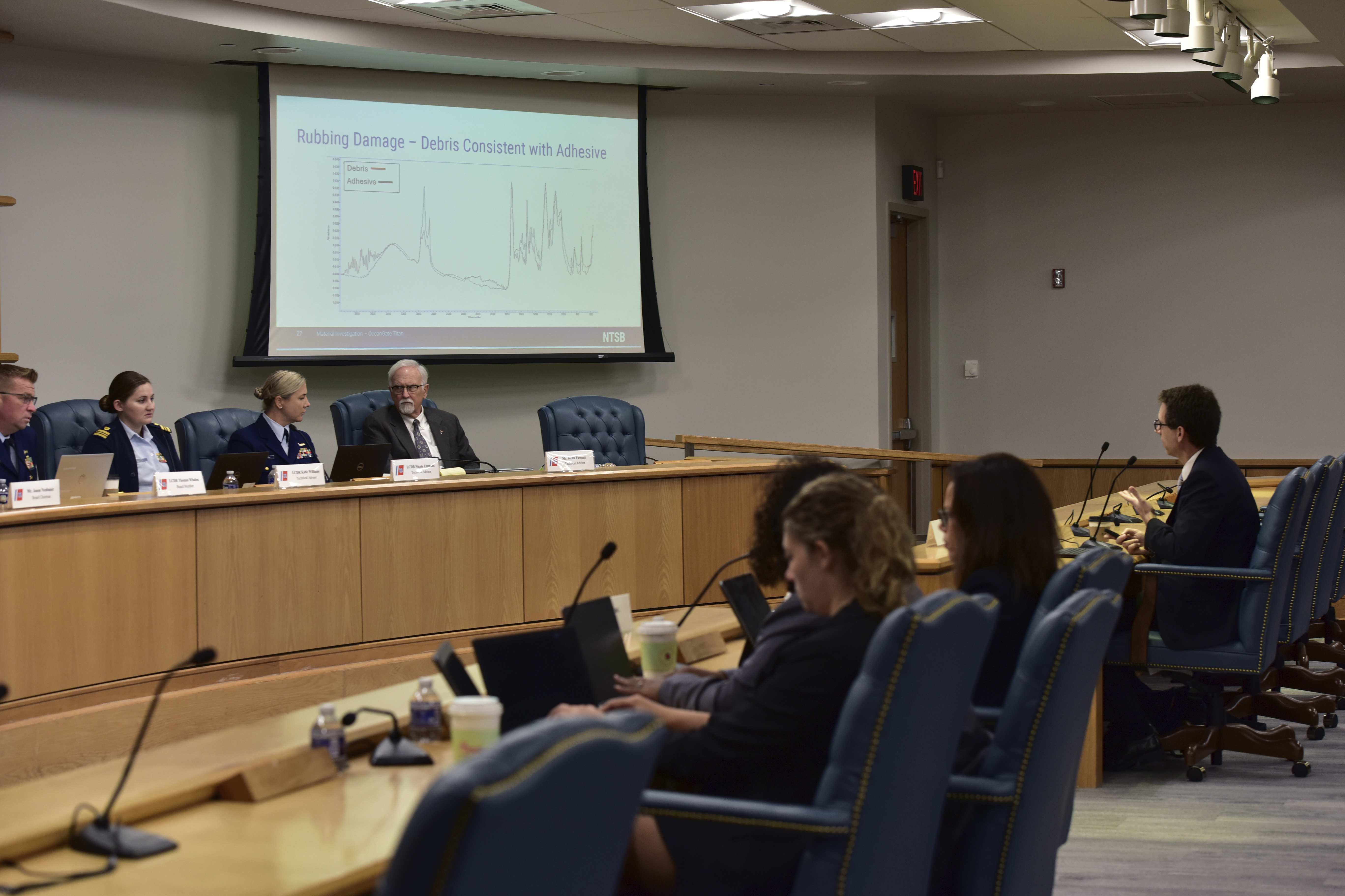 Don Kramer, National Transportation Safety Board engineer, right, testifies Wednesday, Sept. 25, 2024, at the U.S. Coast Guard Marine Board of Investigation hearing into the June 2023 loss of the Titan submersible, in North Charleston, S.C. (Petty Officer 2nd Class Kate Kilroy/U.S. Coast Guard via AP, Pool)