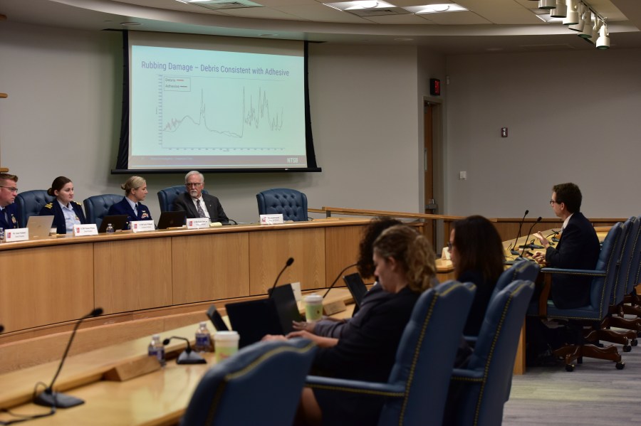 Don Kramer, National Transportation Safety Board engineer, right, testifies Wednesday, Sept. 25, 2024, at the U.S. Coast Guard Marine Board of Investigation hearing into the June 2023 loss of the Titan submersible, in North Charleston, S.C. (Petty Officer 2nd Class Kate Kilroy/U.S. Coast Guard via AP, Pool)