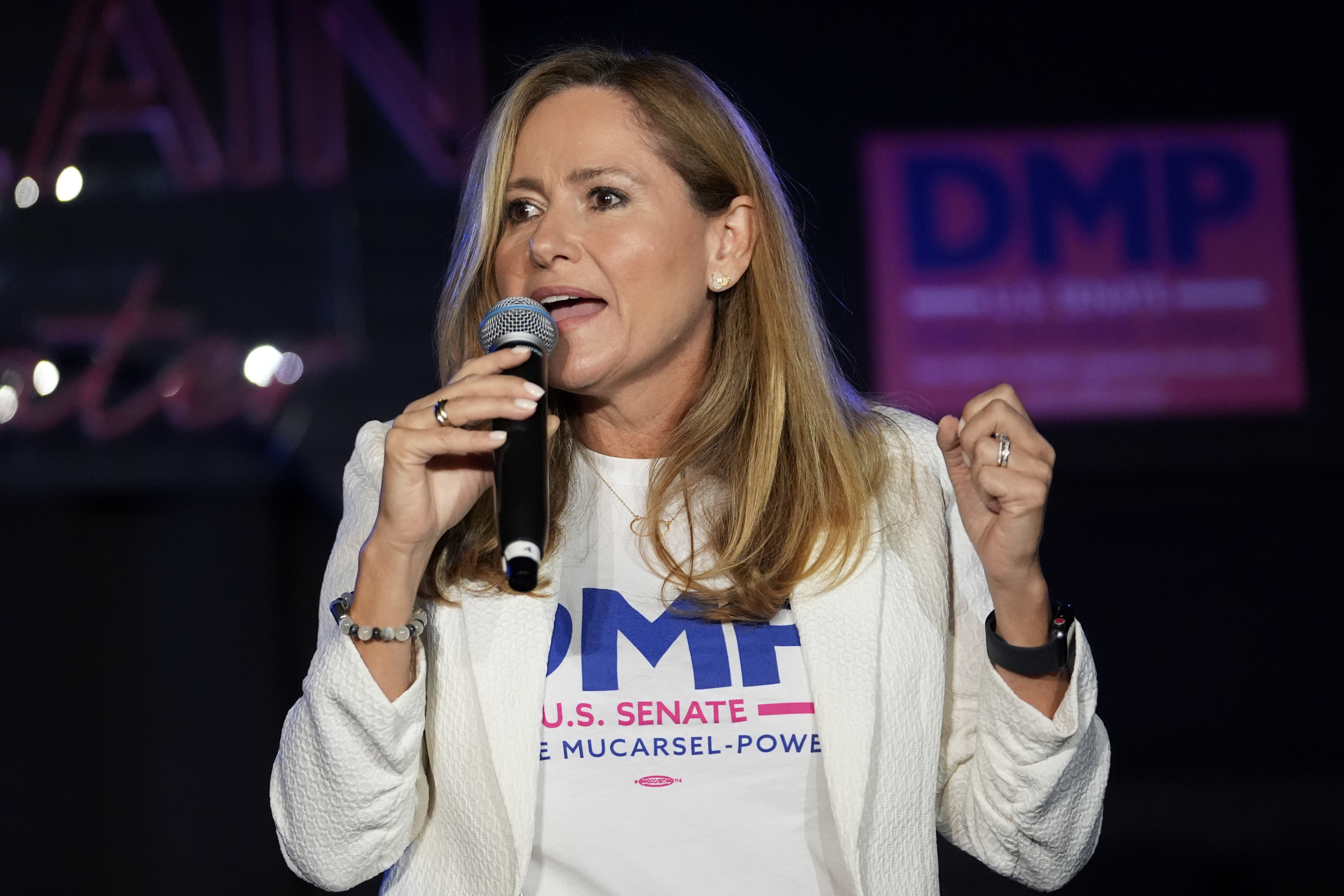 FILE - Former Rep. Debbie Mucarsel-Powell, who is the Democratic candidate for the U.S. Senate, speaks during a campaign event before launching a 75 stop tour across Florida, Aug. 28, 2024, in Miami. (AP Photo/Lynne Sladky, File)