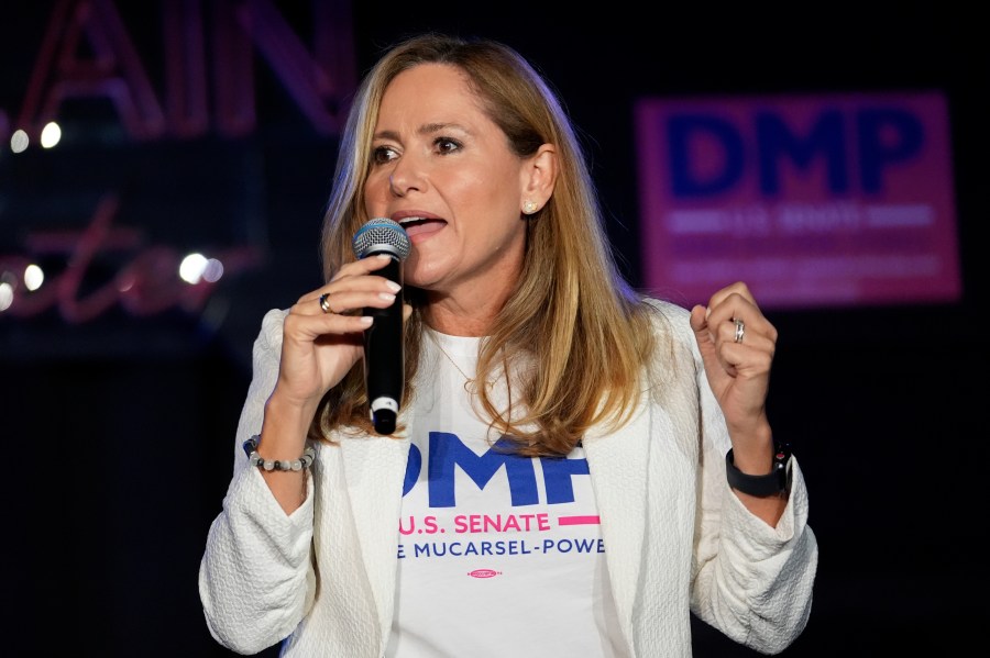 FILE - Former Rep. Debbie Mucarsel-Powell, who is the Democratic candidate for the U.S. Senate, speaks during a campaign event before launching a 75 stop tour across Florida, Aug. 28, 2024, in Miami. (AP Photo/Lynne Sladky, File)