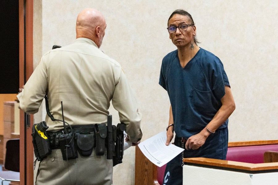 FILE - Nathan Chasing Horse is led out of the courtroom after being arraigned at North Las Vegas Justice Court, Feb. 2, 2023. (Bizuayehu Tesfaye/Las Vegas Review-Journal via AP, File)