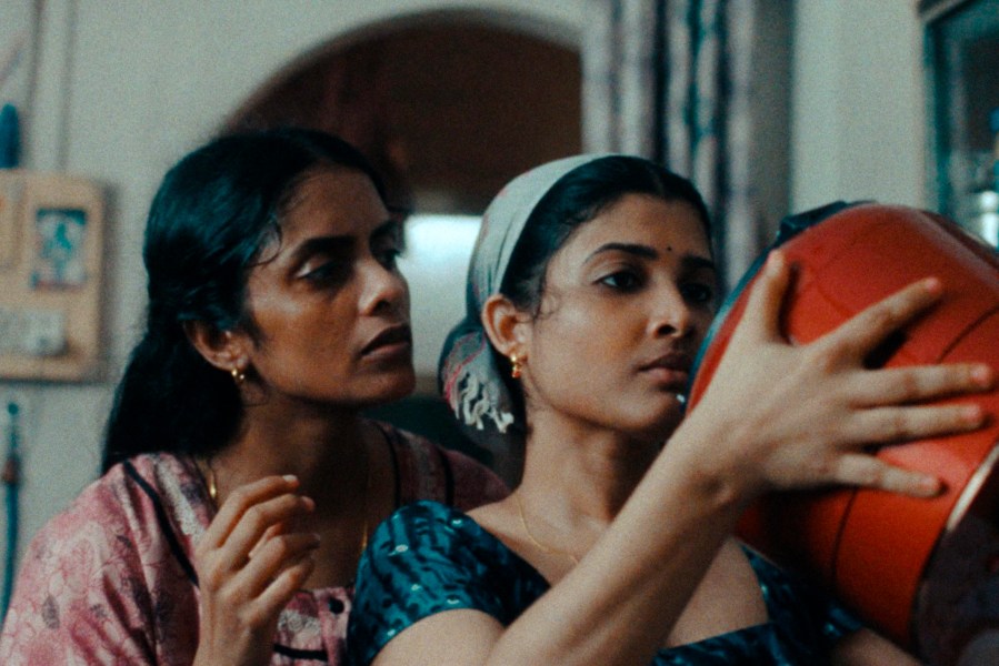 This image released by Janus and Sideshow Films shows Kani Kusruti, left, and Divya Prabha in a scene from "All We Imagine As Light." (Janus and Sideshow Films via AP)