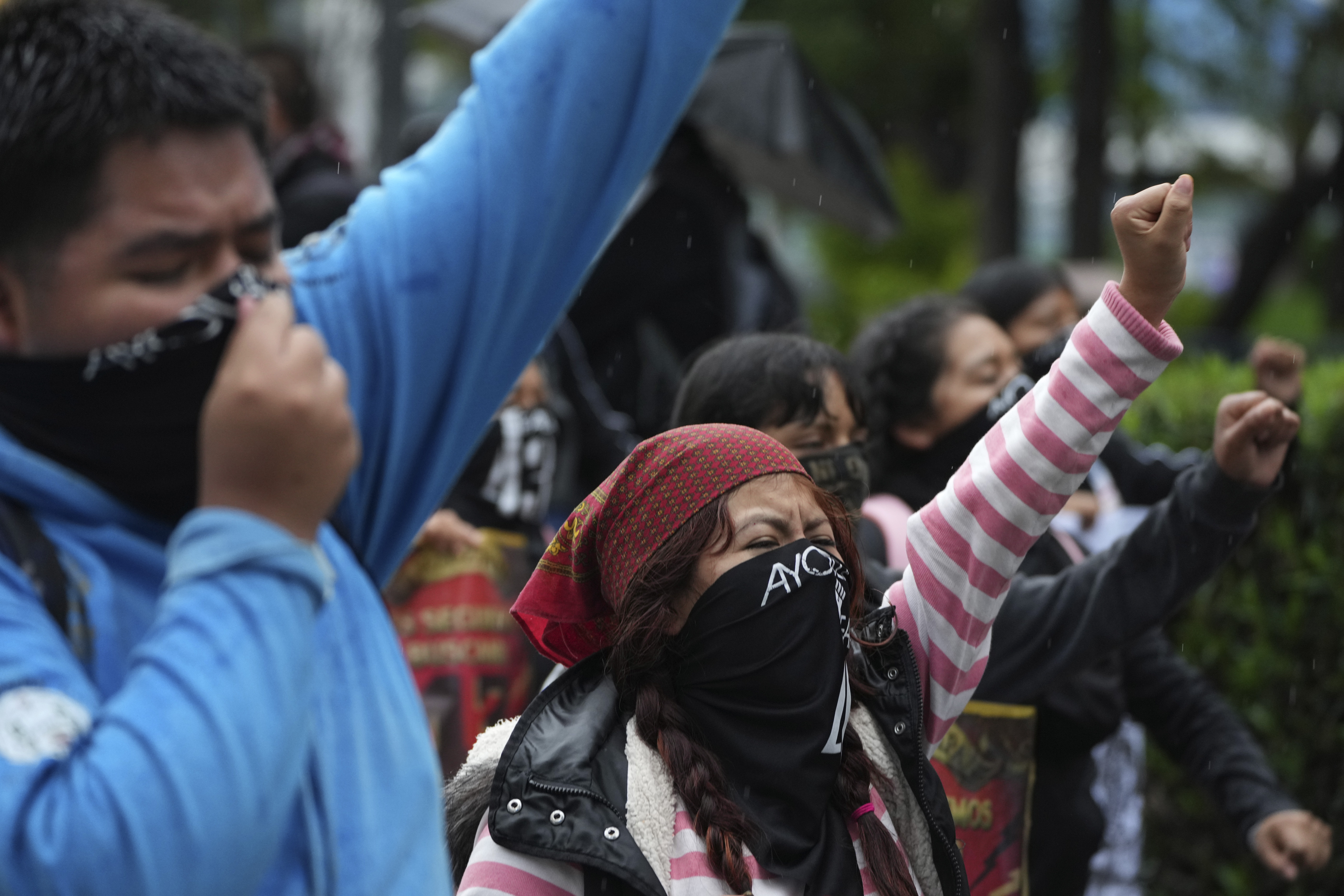 Families and friends take part in a demonstration marking the 10-year anniversary of the disappearance of 43 students from an Ayotzinapa rural teacher's college, in Mexico City, Thursday, Sept. 26, 2024. (AP Photo/Fernando Llano)