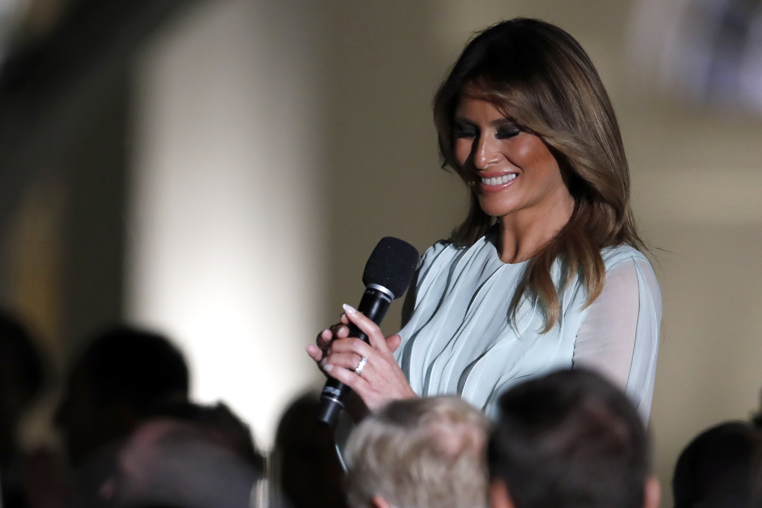 FILE - First lady Melania Trump speaks during a State Dinner in the Rose Garden at the White House, Sept. 20, 2019, in Washington. (AP Photo/Alex Brandon, File)