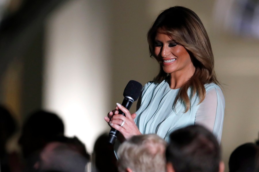 FILE - First lady Melania Trump speaks during a State Dinner in the Rose Garden at the White House, Sept. 20, 2019, in Washington. (AP Photo/Alex Brandon, File)