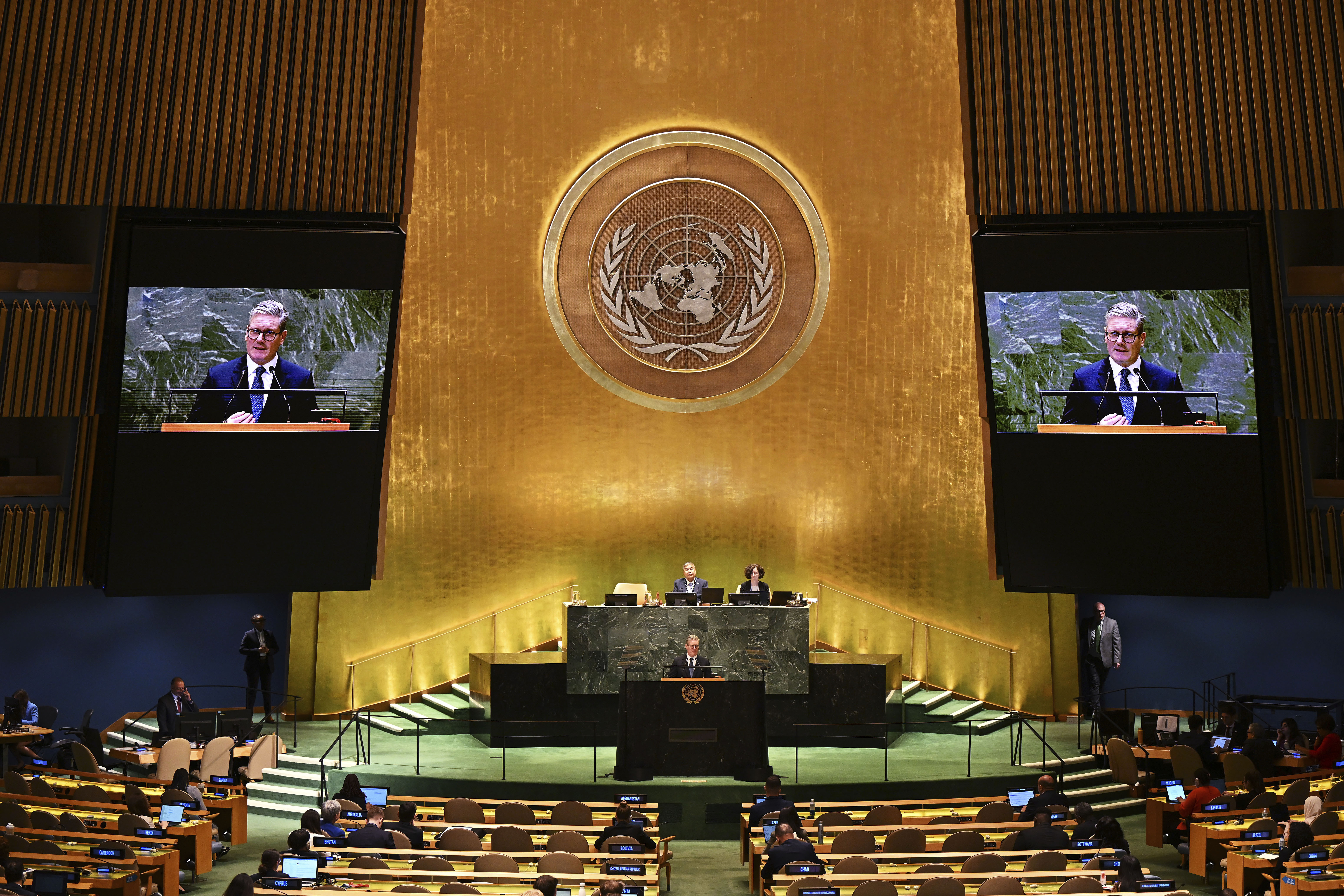 Britain's Prime Minister Keir Starmer addresses the 79th session of the United Nations General Assembly, Thursday, Sept. 26, 2024, at U.N. headquarters. (Leon Neal/Pool Photo via AP)