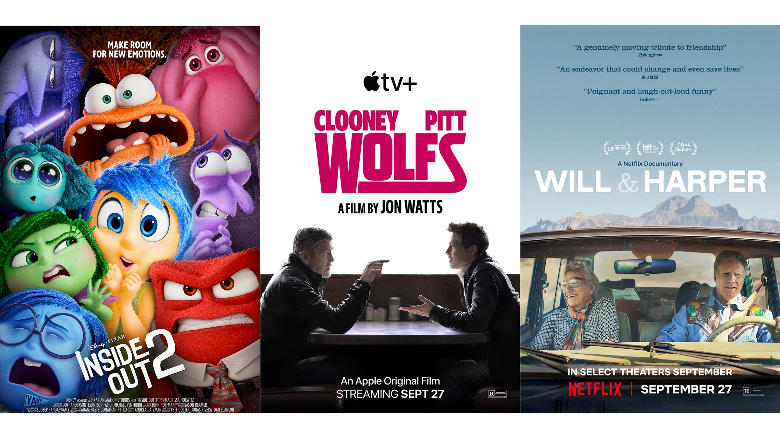 This combination of images shows promotional art for the films, "Inside Out 2," from left, "Wolfs," and "Will & Harper." (Disney/Apple TV+/Netflix via AP)