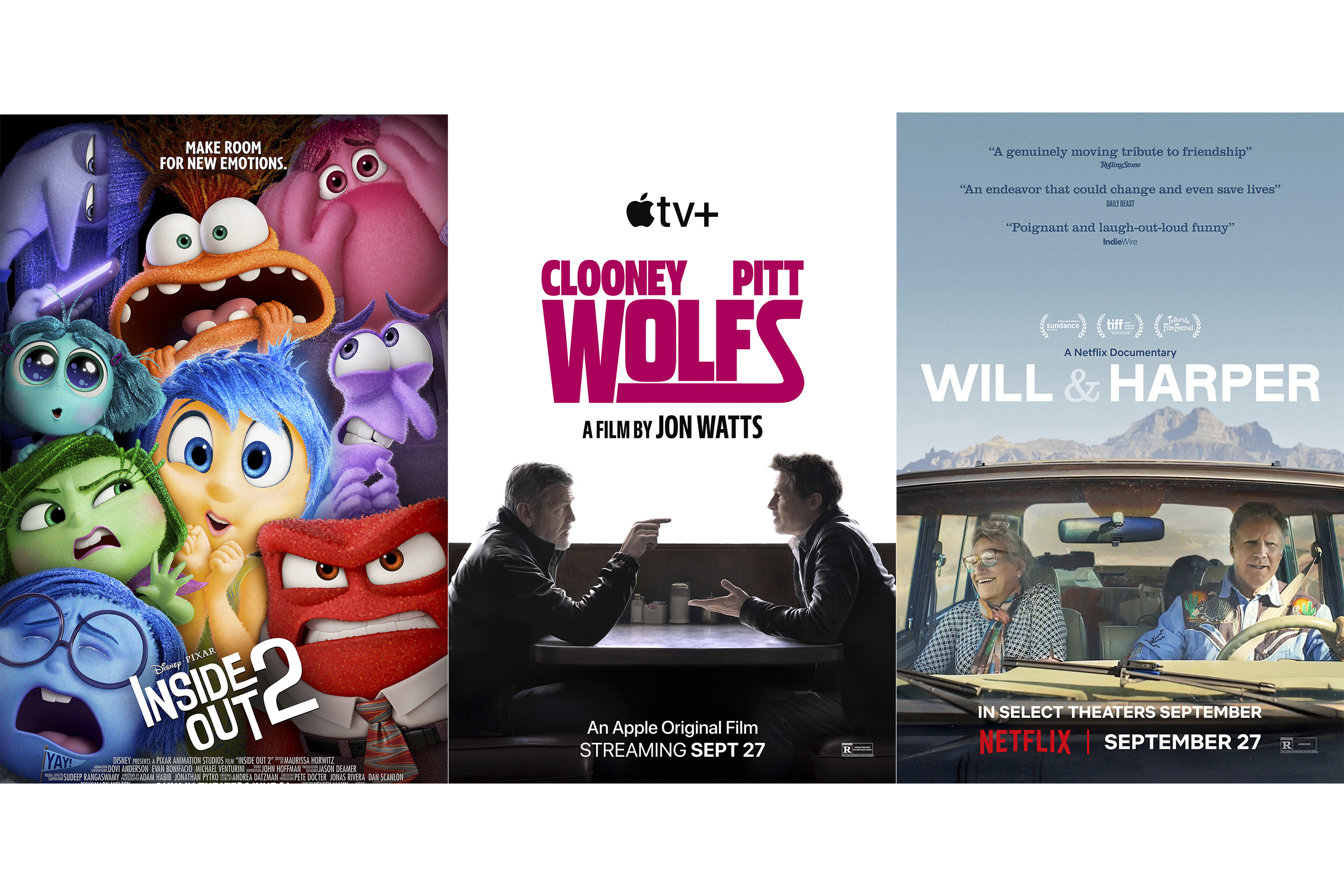 This combination of images shows promotional art for the films, "Inside Out 2," from left, "Wolfs," and "Will & Harper." (Disney/Apple TV+/Netflix via AP)