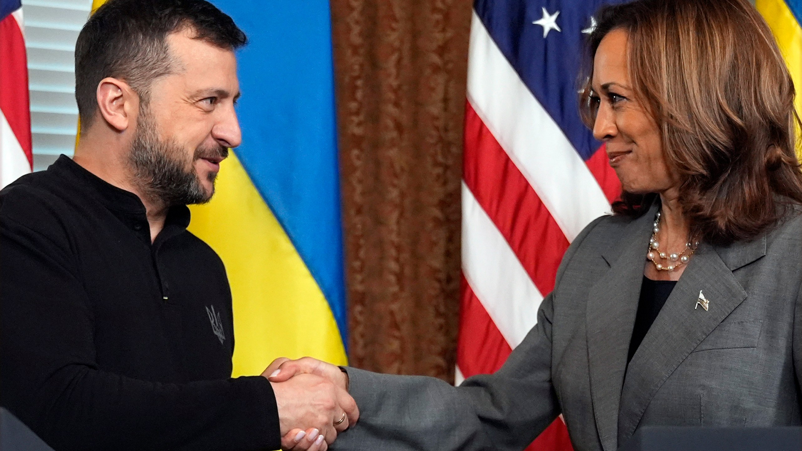 Vice President Kamala Harris meets with Ukraine's President Volodymyr Zelenskyy, Thursday, Sept. 26, 2024, in the vice president's ceremonial office inside the Eisenhower Executive Office Building on the White House complex in Washington. (AP Photo/Jacquelyn Martin)