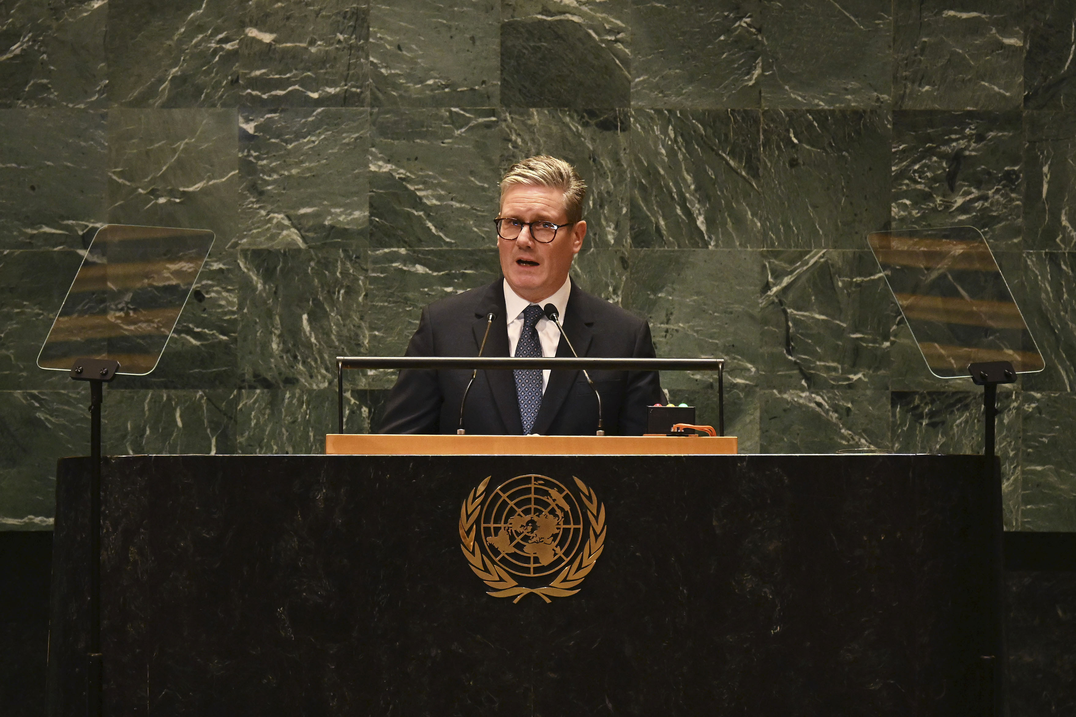 Britain's Prime Minister Keir Starmer addresses the 79th session of the United Nations General Assembly, Thursday, Sept. 26, 2024, at U.N. headquarters. (Leon Neal/Pool Photo via AP)