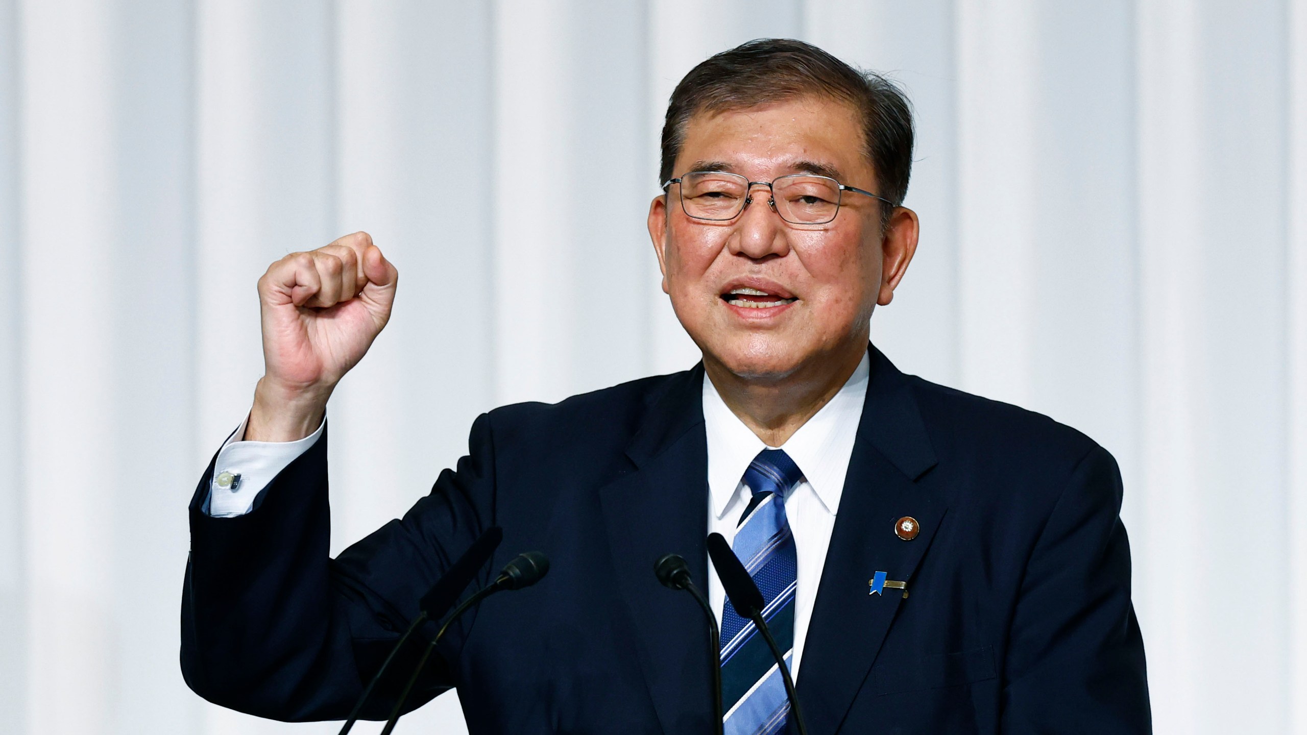 Shigeru Ishiba, the newly elected leader of Japan's ruling party, the Liberal Democratic Party (LDP) gestures during a press conference after the LDP leadership election, in Tokyo, Friday, Sept 27, 2024. (Kim Kyung/Pool Photo via AP)